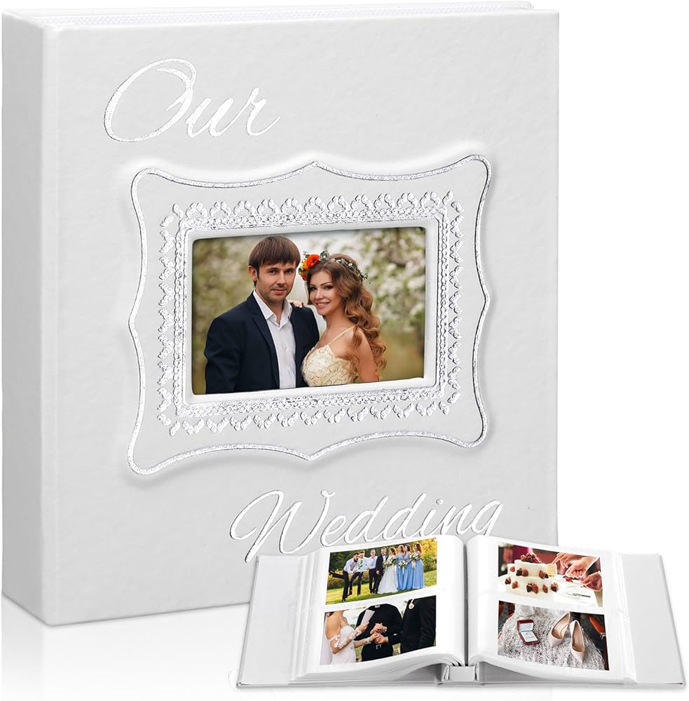 Memory Photo Album Holds 200 Pcs 4 x 6 Inch Leather Wedding Anniversary Family Photo Album with Front Window Double Heart Memory Scrapbook for Couple Gifts(Our Wedding)