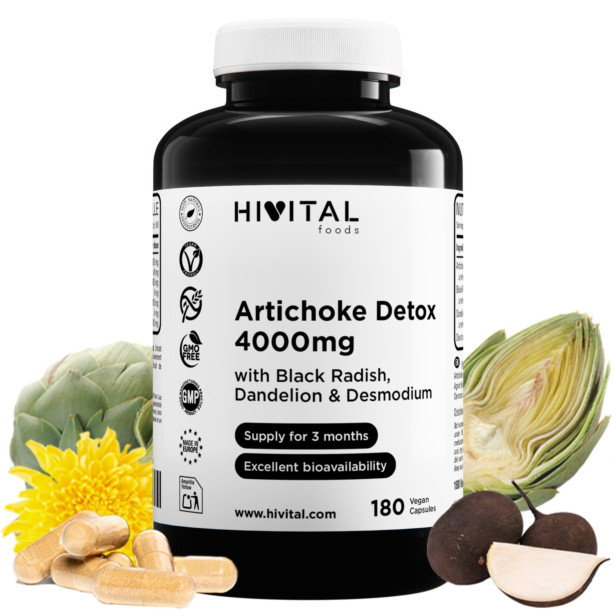 Artichaut Detox 4000 mg. 180 gélules végétaliennes pour 3 mois de traitement. A base d'Artichaut, de Radis Noir, de Pissenlit et de Desmodium. Fabriqué en Europe par HIVITAL