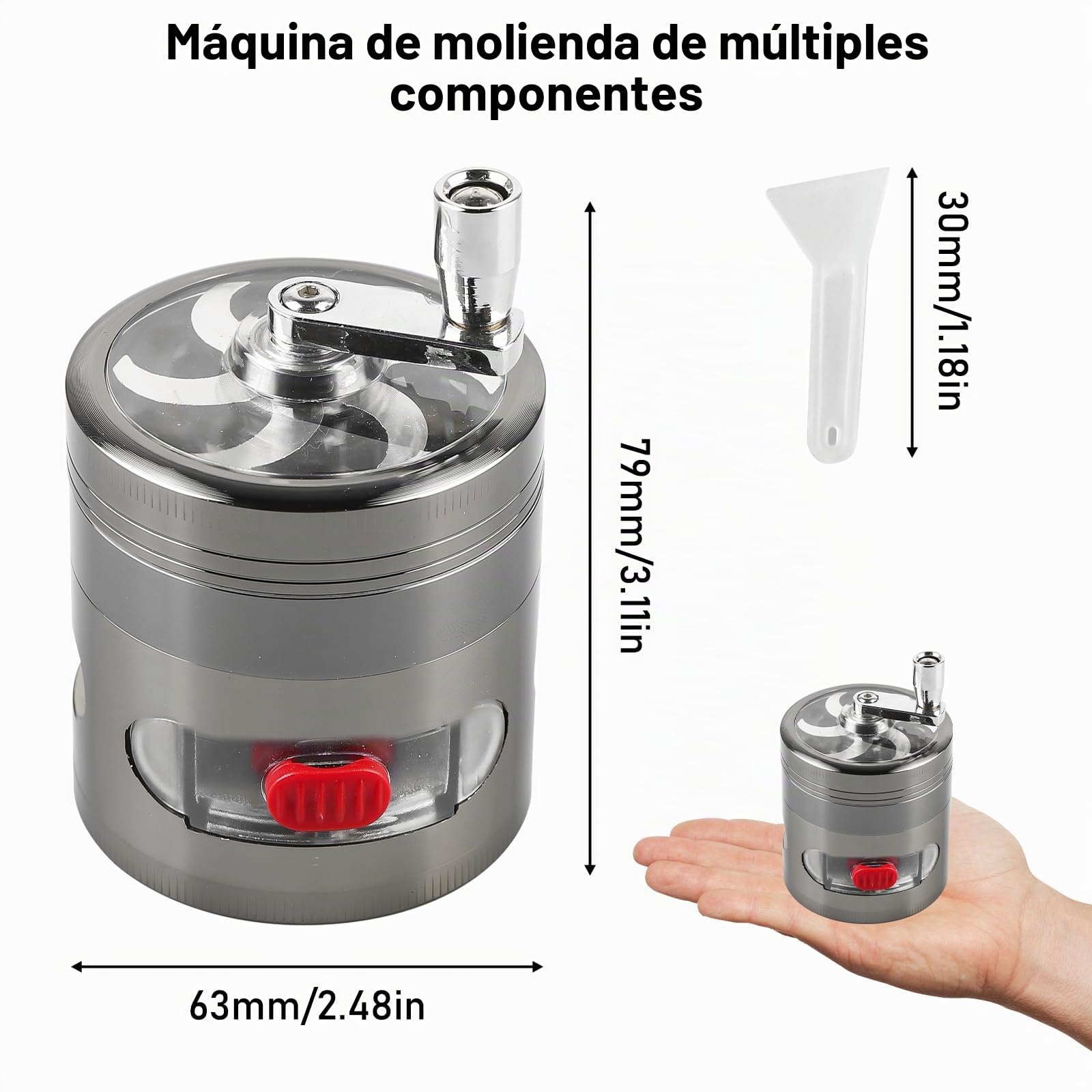 Grinder - Molinillo de especias con manivela, 4 piezas, 63 mm de diámetro, con cajón, aleación de zinc, raspador de polen y tapa magnética para especias, hierbas, hierbas (níquel negro)