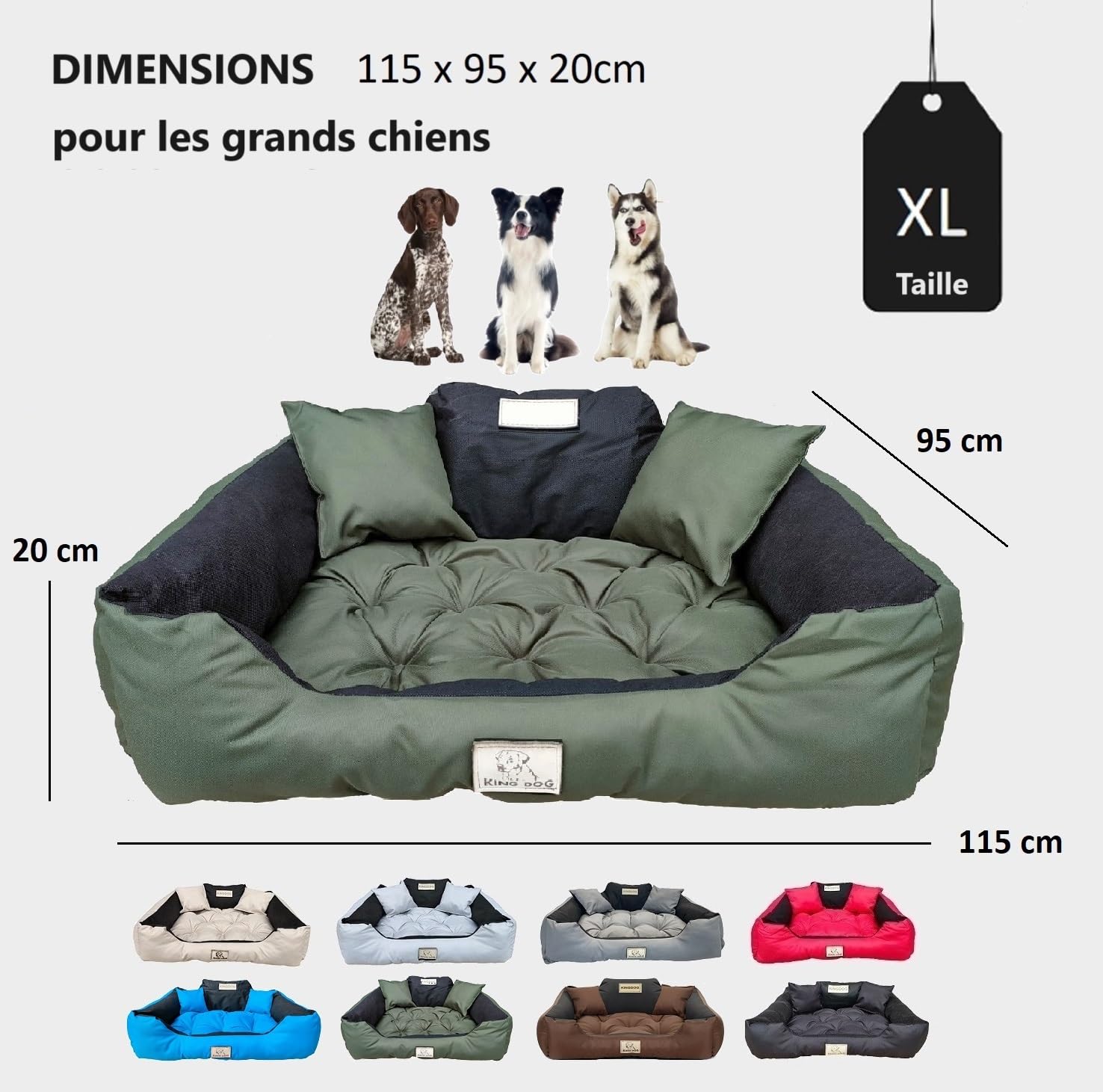 KING DOG Lit pour Grands Chiens XL 115 x 95 cm Personnalisable avec Nom Coussin Imperméable Déhoussable Lavable Canapé Confortable Moelleux Douillet Antidérapant Fabriqué en UE Couleur Vert