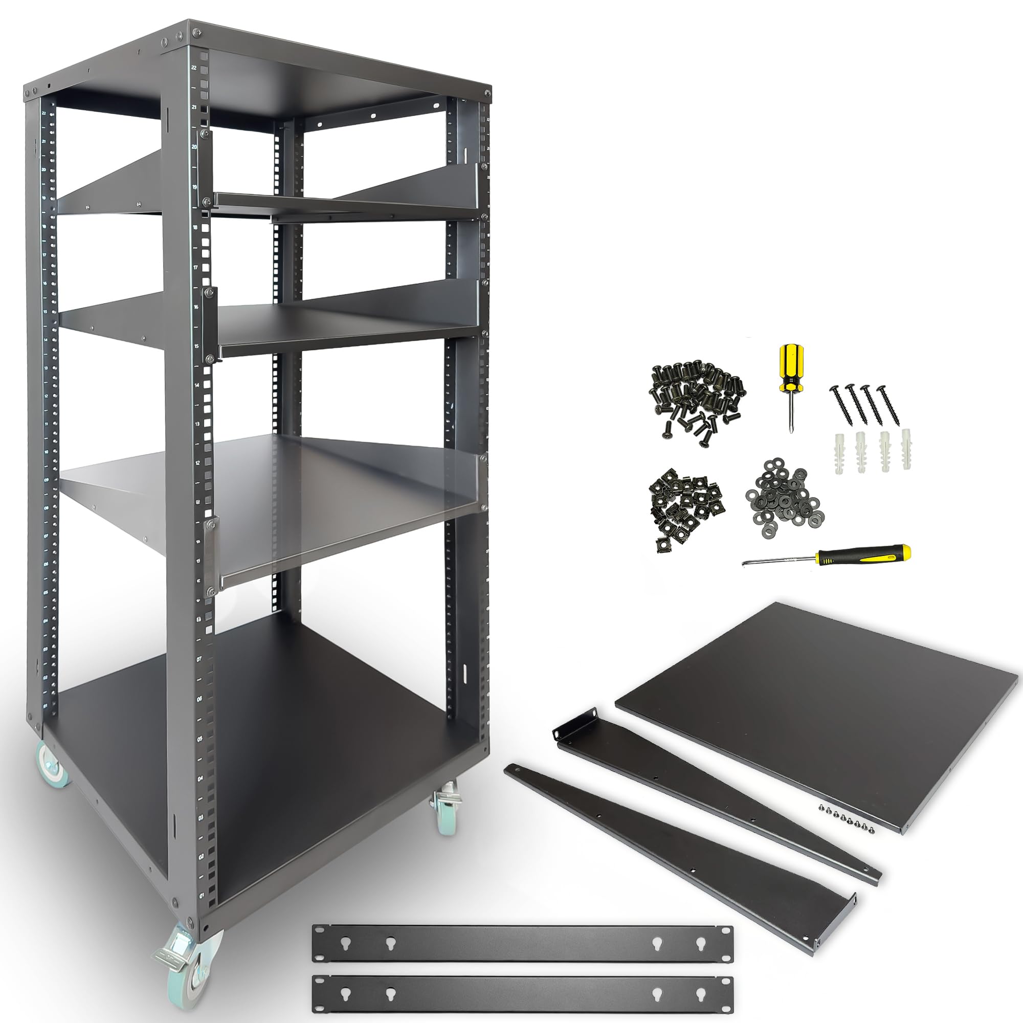 AxcessAbles 22U Open Frame Network & AV Rack with Caster Wheels, Three 2U Shelves, 10-32 & Cage Nut Compatible Rails, Cage Nuts, Screws, Cage Nut Tool & Wall Mount Kit | 19-Inch Equipment Rack