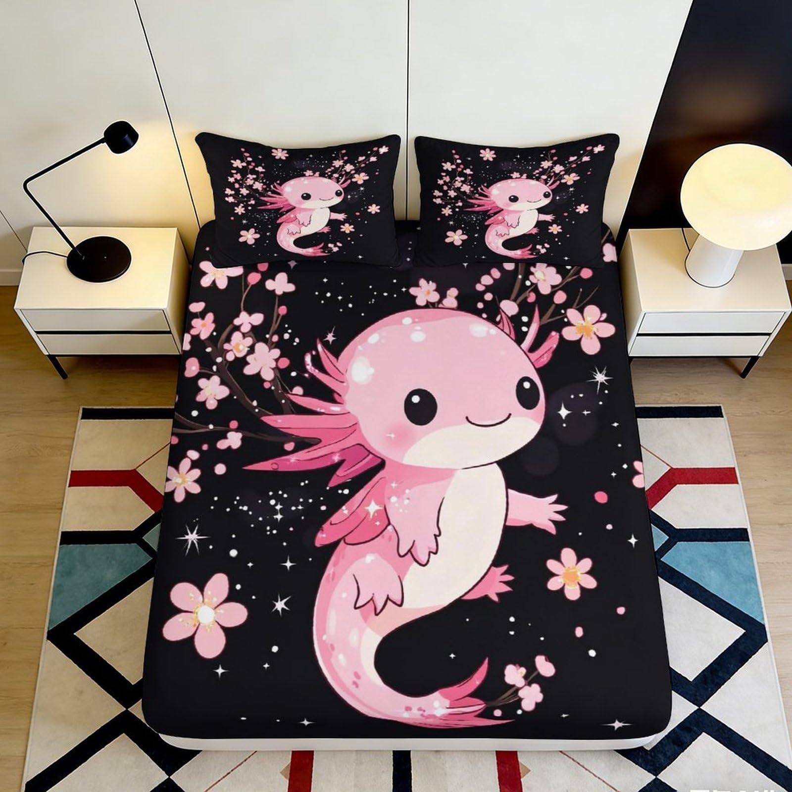 3D Printed Axolotl Design Fitted Sheet Microfiber Deep Pocket Non-Slip Bedroom Bedding Axolotl Mattress Fitted Cover Washable 160x200x25cm