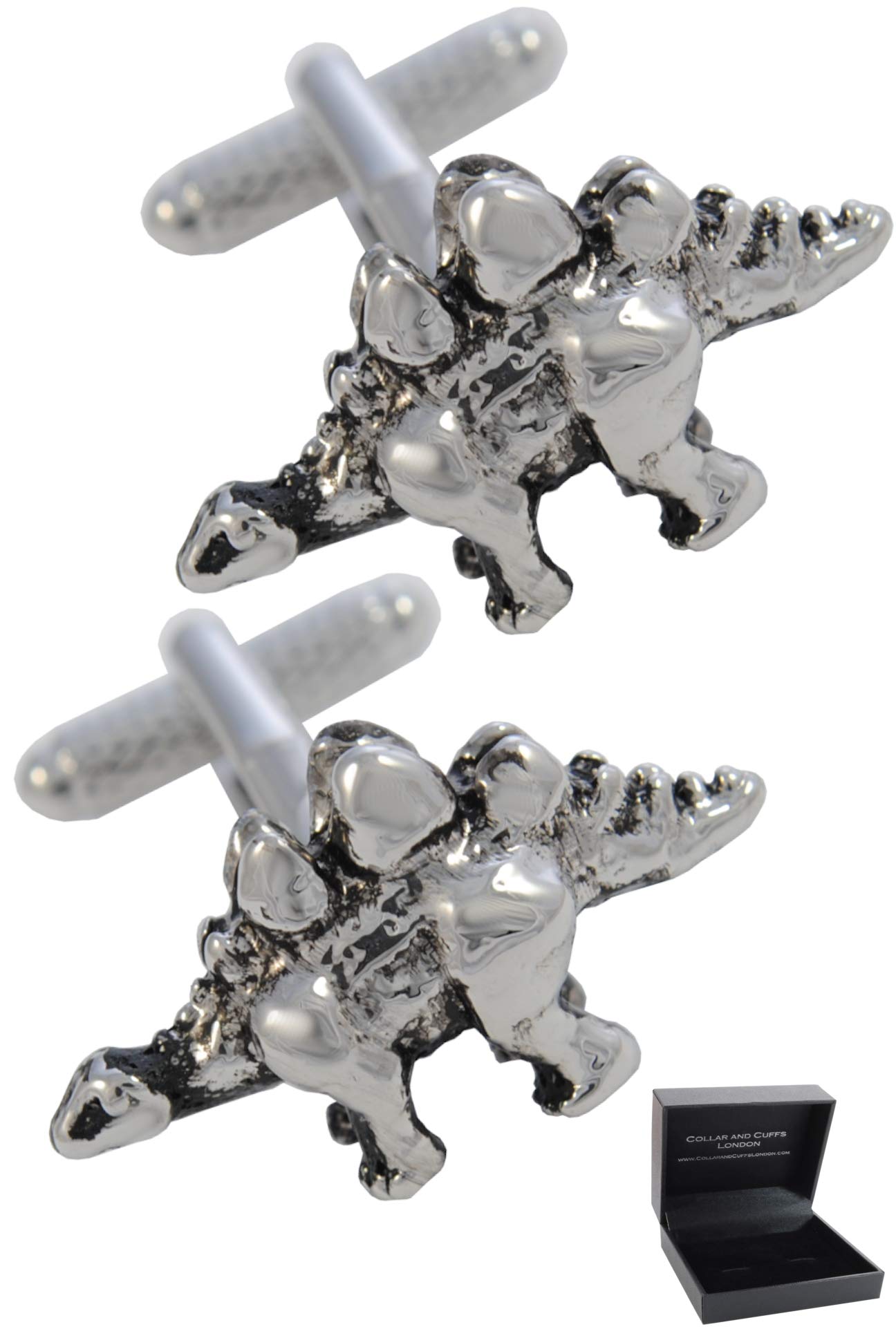 Gemelos Camisa Hombre Color Plata - Con Caja - Gemelos para Camisas - Dinosaurio - Latón - Prehistórico Animal Grande - Color Plata y Negro - Un Par