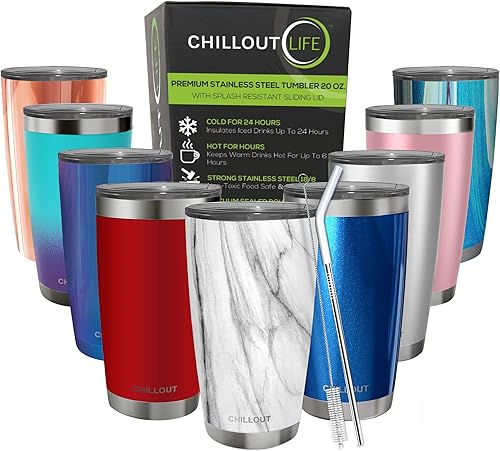 CHILLOUT LIFE - Vaso de acero inoxidable de 20onzas con tapa a prueba de salpicaduras y pajilla, diseño con aislamiento al vacío de doble pared,