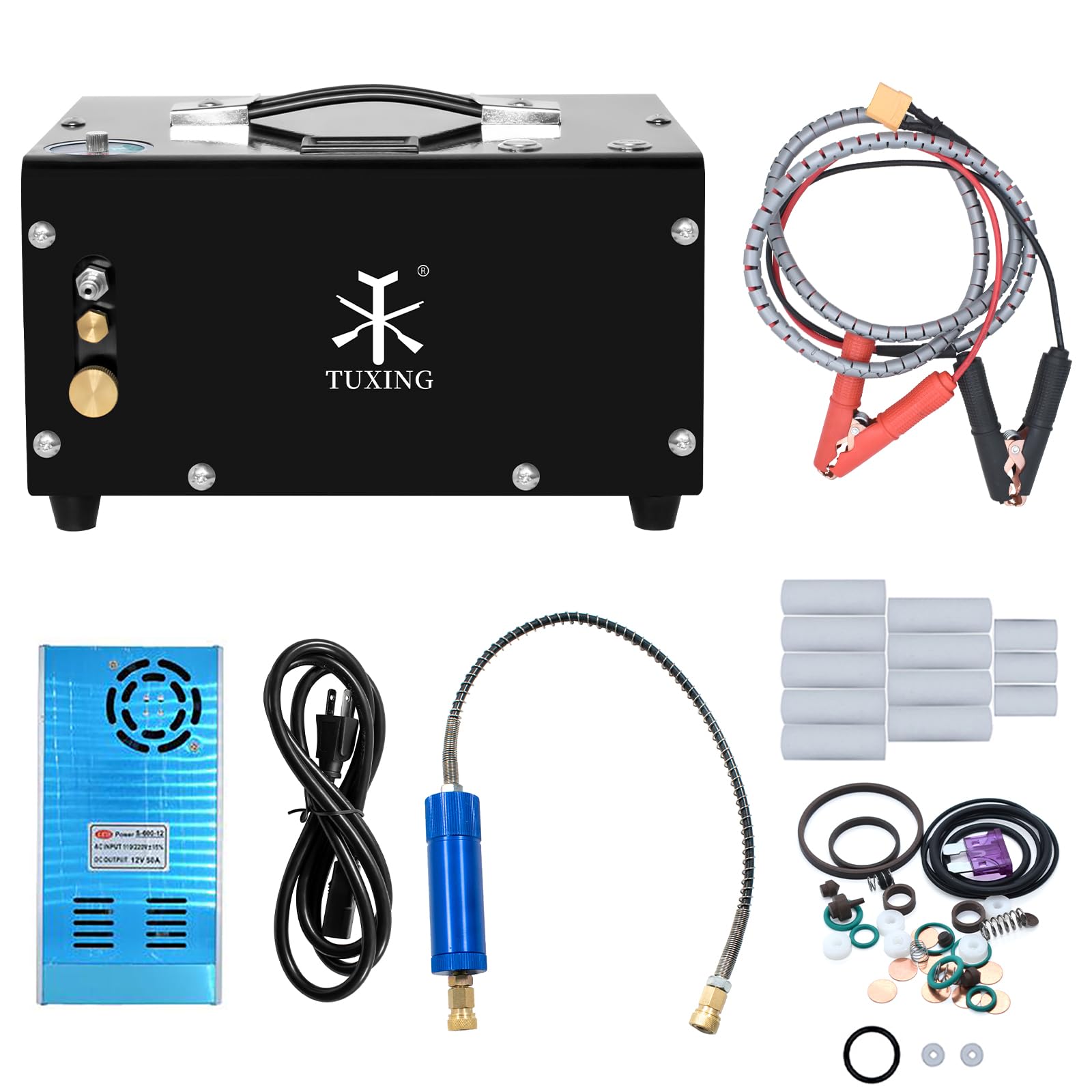 TUXING Pcp Air Compressor,4500Psi 30Mpa,Built-in Transformer/Drain System,Powered by Car 12V DC or Home 110V AC with Adapter (Included),Pump for PCP Air Rifles and Airguns (TXET061-2)