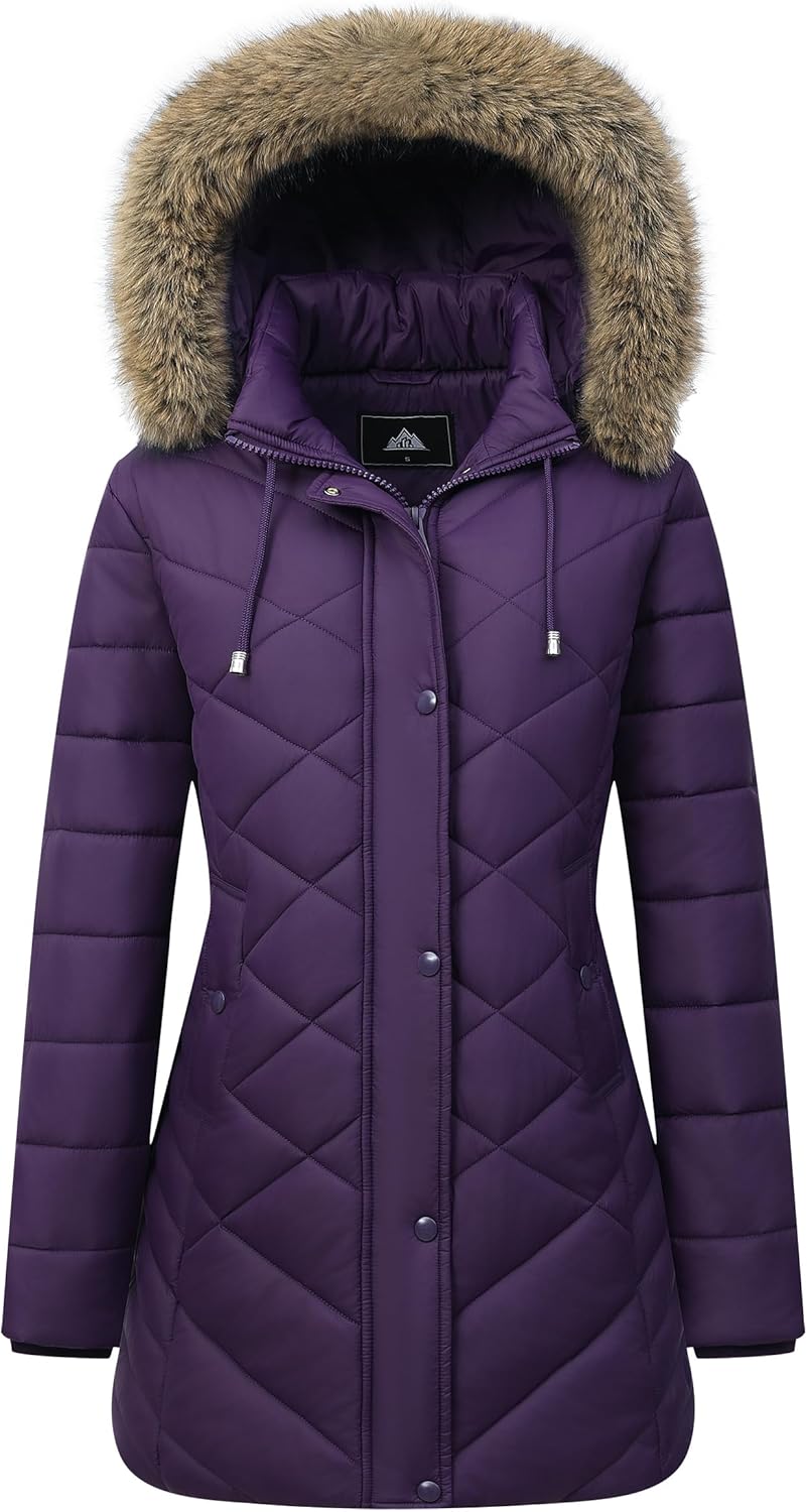 Women's Long Warm Winter Coat Windproof Thickened Fleece Lined Down Jacket Waterproof Puffer Outerwear with Removable Hood