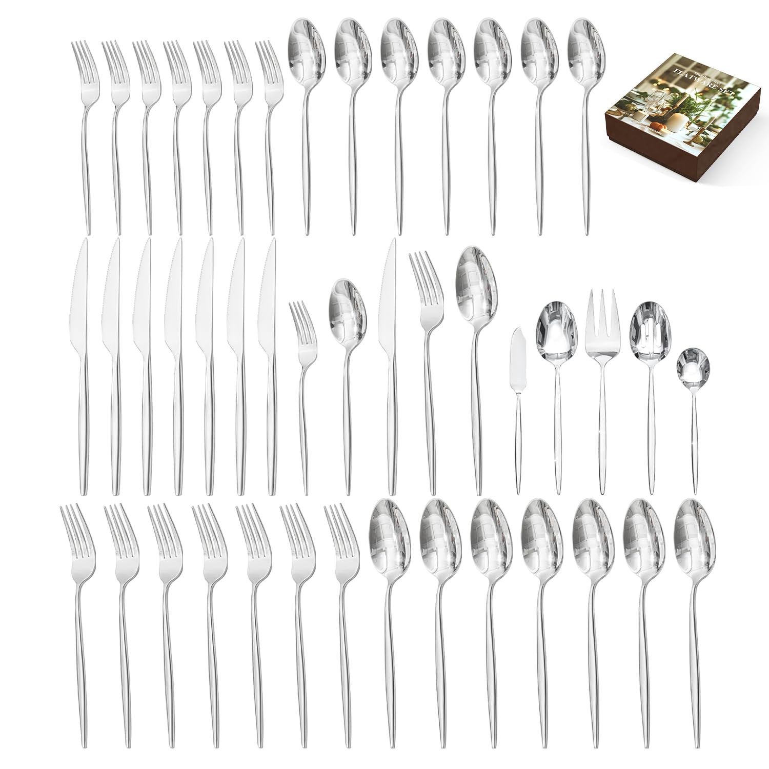 45 Piece Silverware Set for 8 with Serving Utensils, 18/10 Stainless Steel