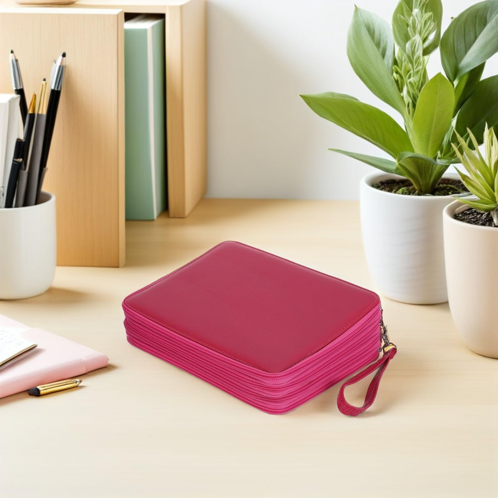 NUOBESTY Trousse à Crayons de Couleur Zippée Grosse Capacité 184 Emplacements, 4 Couches Multicouches, Paquet de Rangement Étanche Rose pour Fournitures Scolaires et Artistiques,