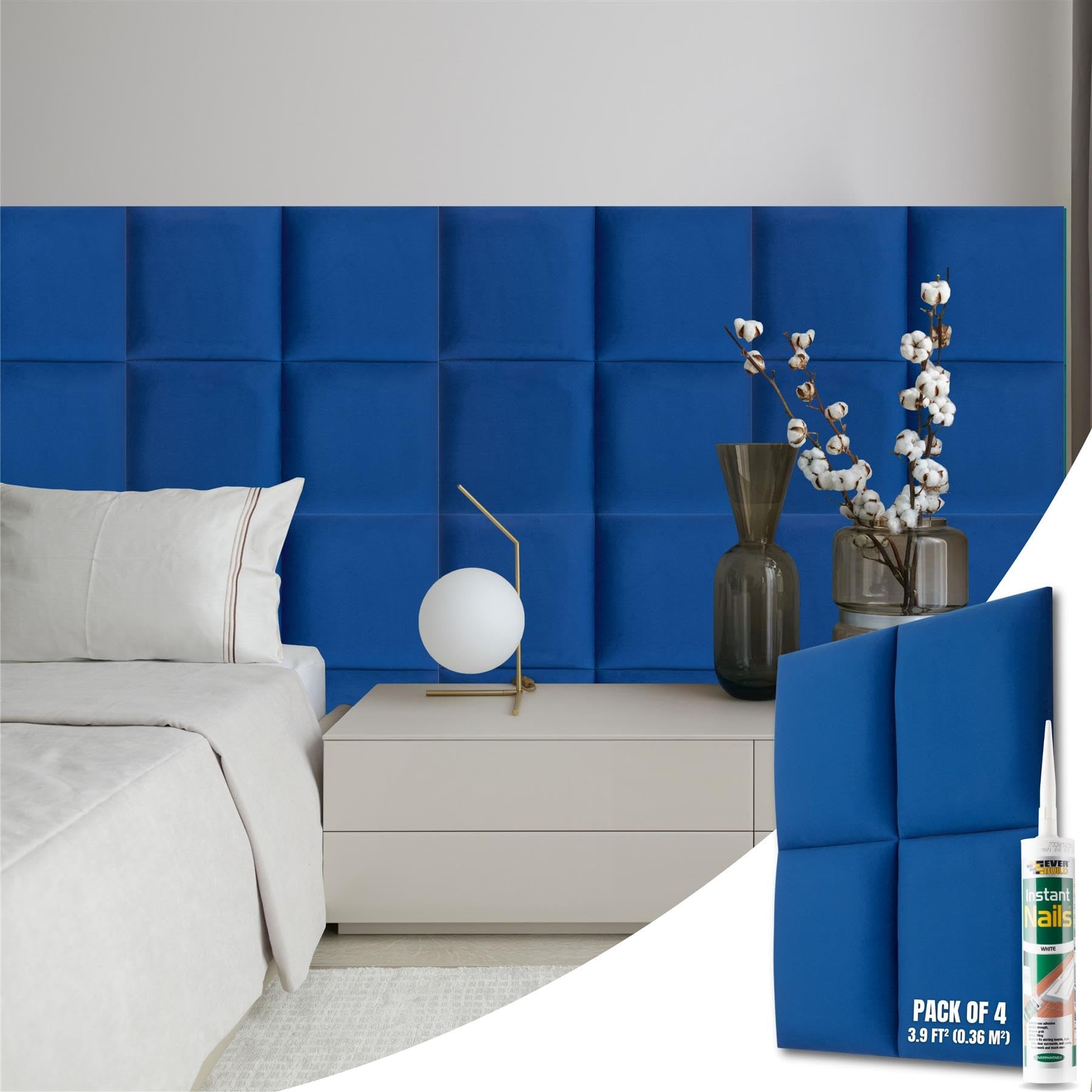NOVECRAFTO Velvet Padded Wall Panels Set of 4 - Blue Upholstered Anti-Collision Panels with Adhesive - H11.8 x W11.8 (30x30cm) Cushioned Paneling for Beds, Kids Room, Hallways & Feature Walls