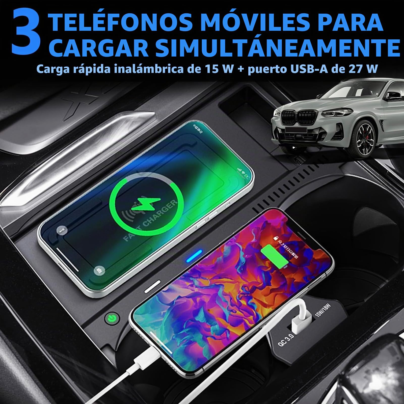 Cargador Inalámbrico para Coche para BMW X3/X4/X3M/X4M 2019-2024 Todos los Modelos, Placa de Carga Rápida 15W con Caja Consola Central con Puertos USB 27W para i-Phone y Sam-Sung