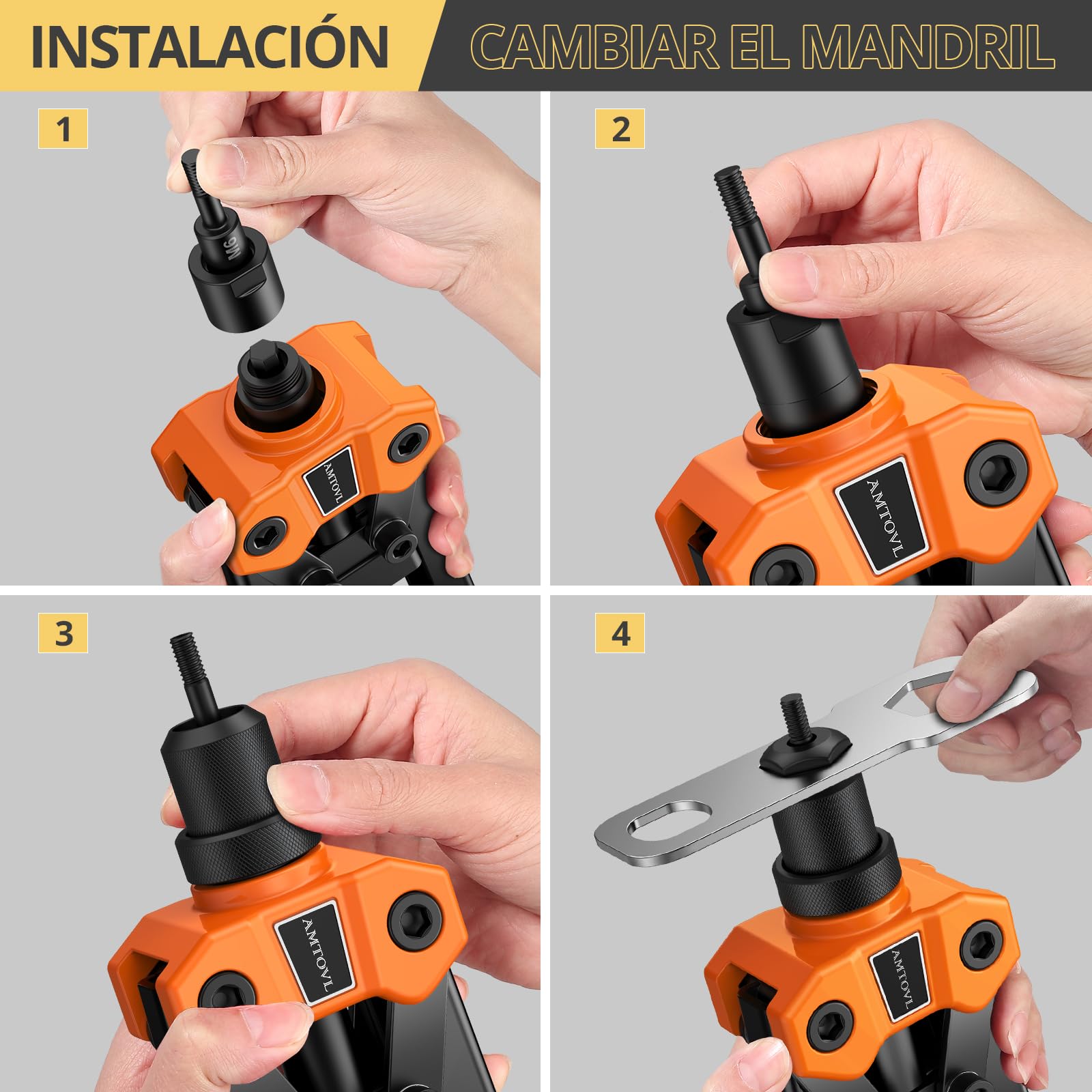 AMTOVL 12” Remachadora de Tuercas Pistola Remachadora Profesional con 6 Mandriles Métricos 125PCs Tuercas M3 M4 M5 M6 M8 M10 Remachadora Manual con Llave Multifuncional de Mango Antideslizante | Alicates de tuerca de remache, 125 tuercas de remache, mandr