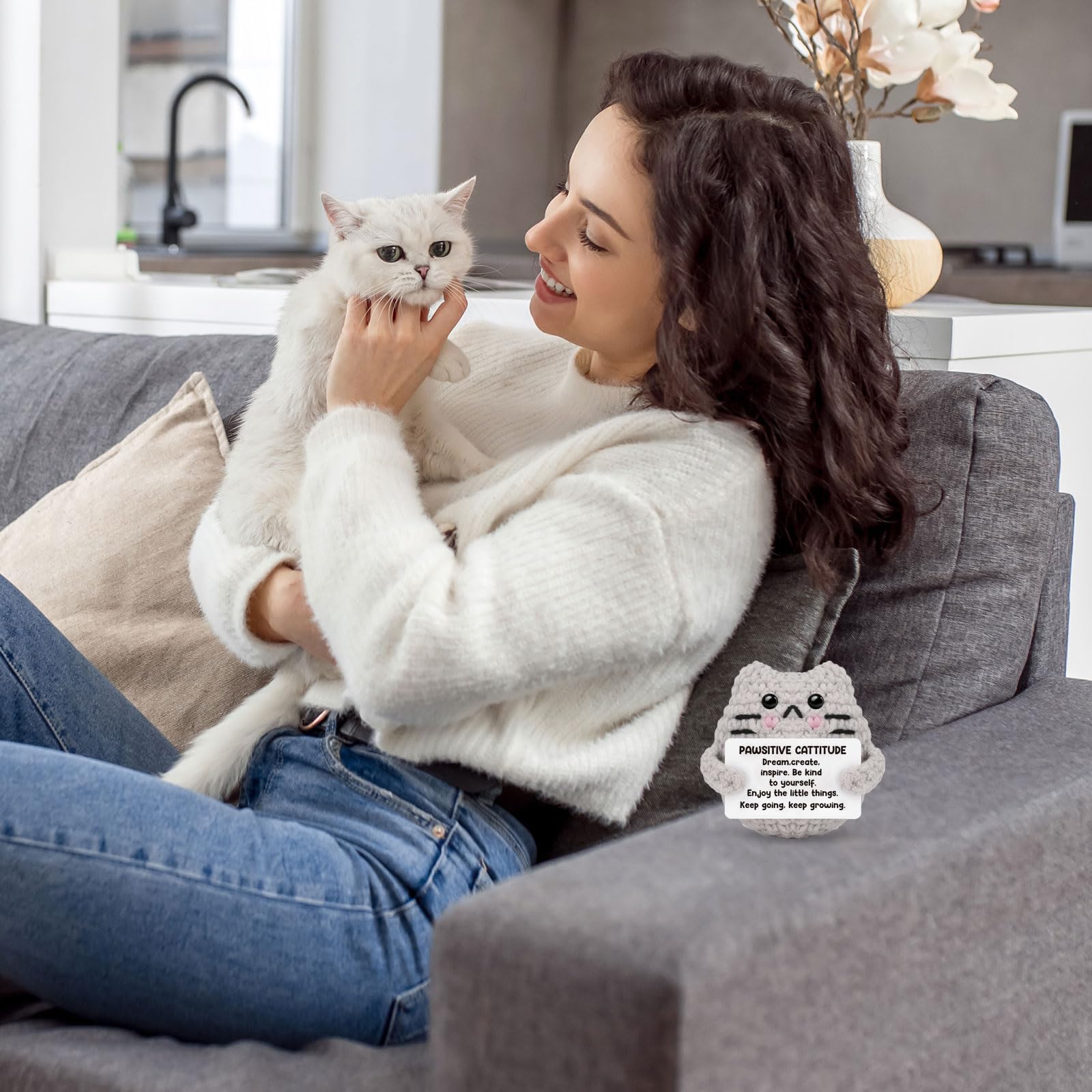 Gatto Positivo Peluche All'uncinetto – Pocket Hug Con Biglietto Auguri, Antistress Morbido, Regalo Divertente Per Compleanno E Festività