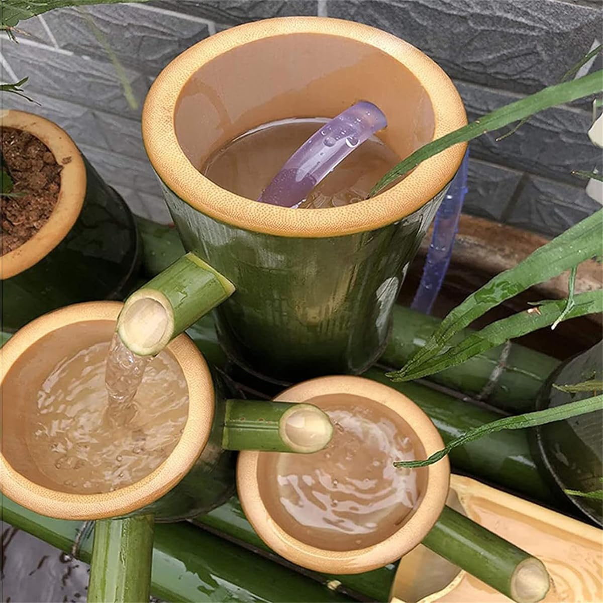 Kit fontana solare in bambù con beccuccio, fontana giapponese da giardino con pompa, filtro dell'acqua da 10 W e tubo da 2 m, per patio o uso interno/esterno