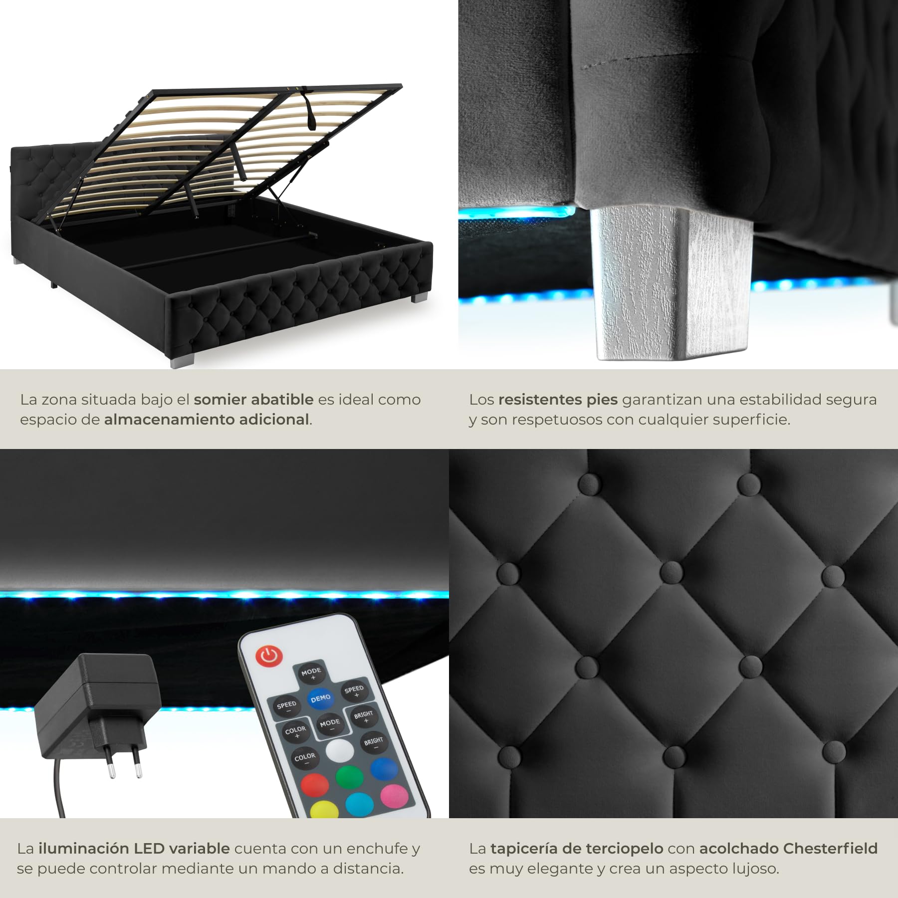 tectake® Cama Tapizada de Terciopelo con Leds, Canape Somier Abatible, Acero Estable, Cama Alta con 300 kg de Capacidad, Mando, Acolchado Chesterfield, Iluminación LED - 217 x 187,5 cm Negro