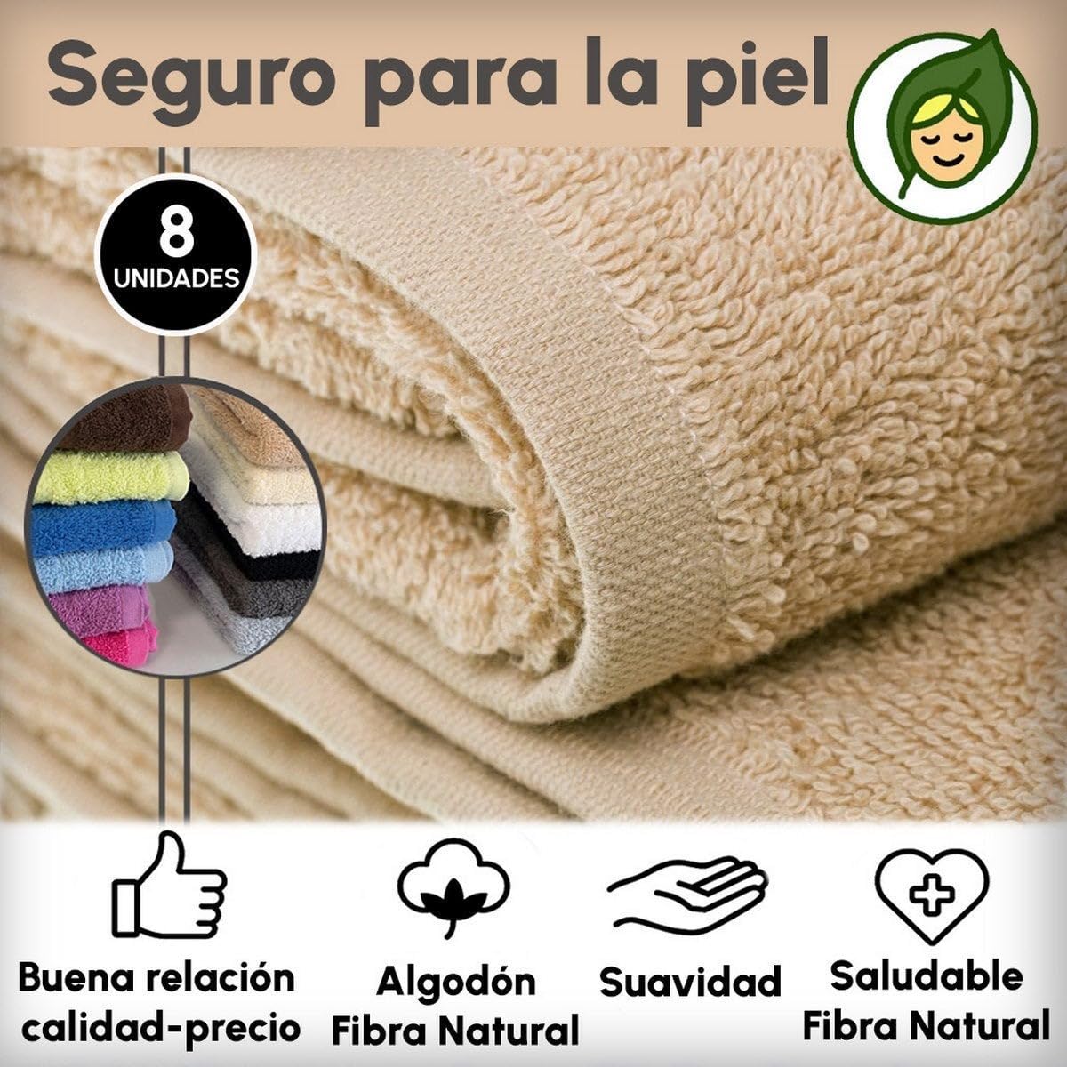 Juego de 8 Toallas de Ducha Color Beige 100% algodón Rizo de 140x70 cm | Tejido suave de gran gramaje con alta absorción. Aptas para lavadora, de uso diario.