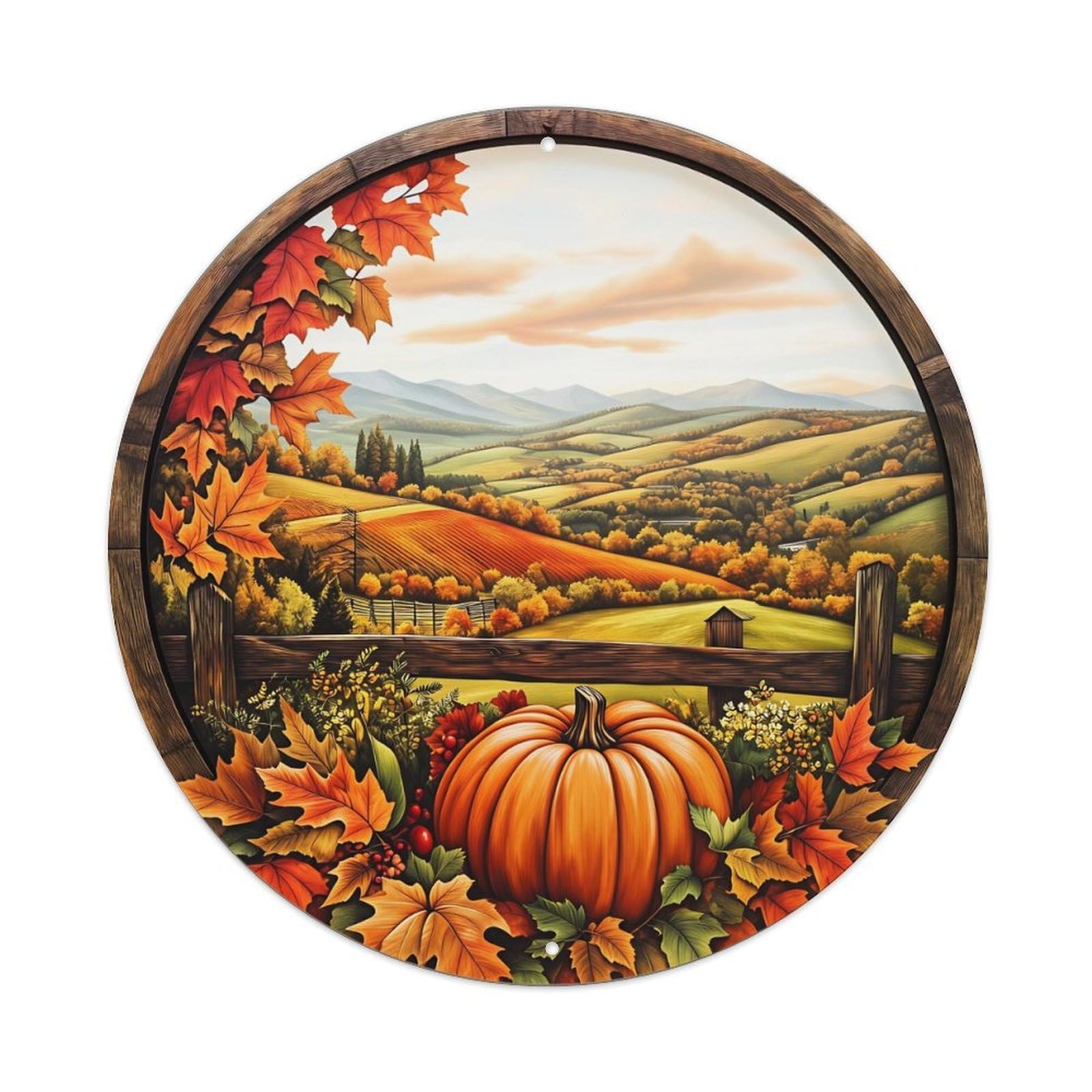 Autumn Harvest Pumpkin Landscape Scene Vintage Metal Tin Sign Retro Wall Decor for Home Bar Garage Cafe, Indoor & Outdoor Decorative，circle Metal Poster, 8x8 Inch