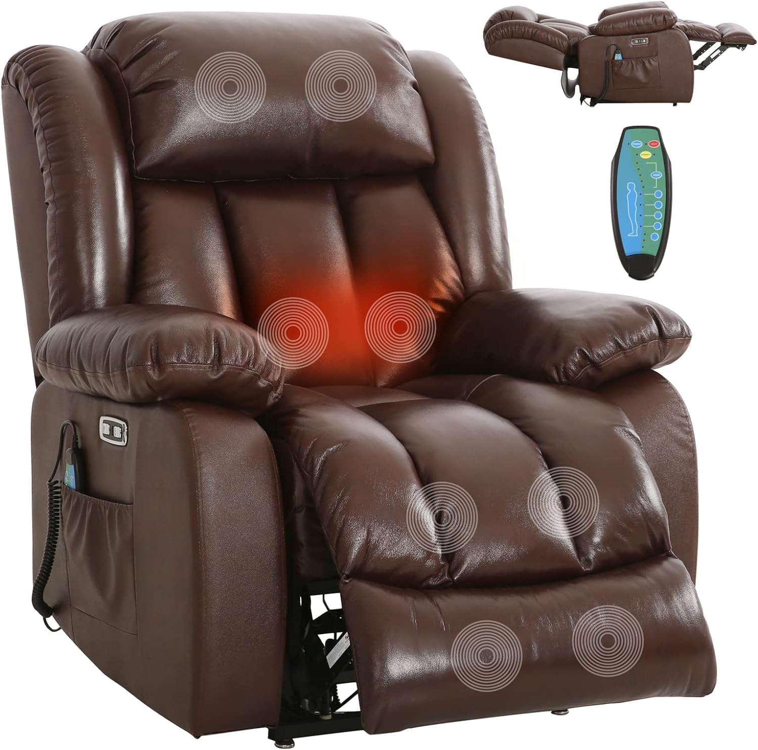 KIMOHOME Genuine Leather Infinite Position Dual Motor Large Power Lift Chair Recliner for Elderly with Massage and Heating Lay Flat Electric Power