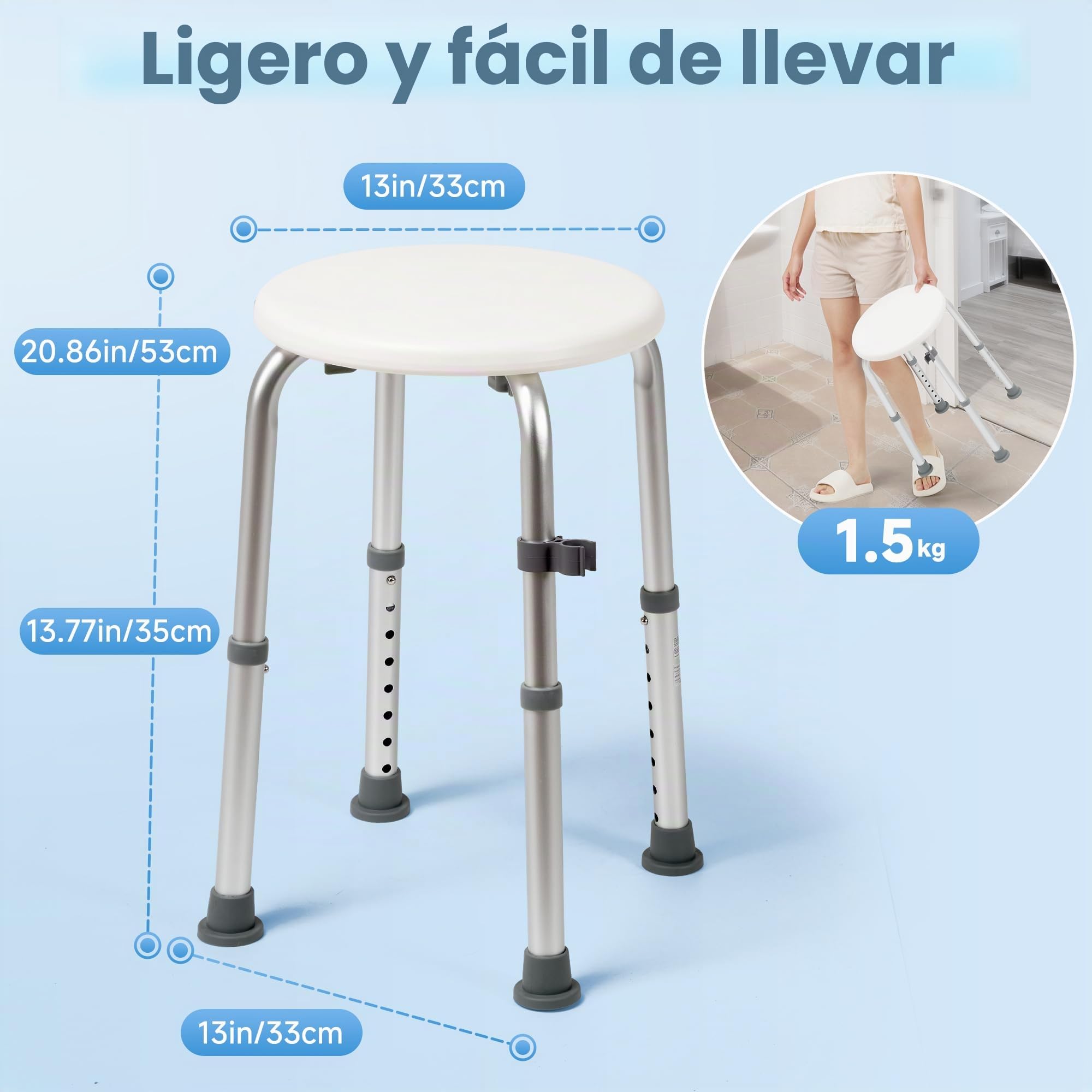 Careboda Taburete Ducha, 34-52cm, 136kg, Aluminio, Antideslizante