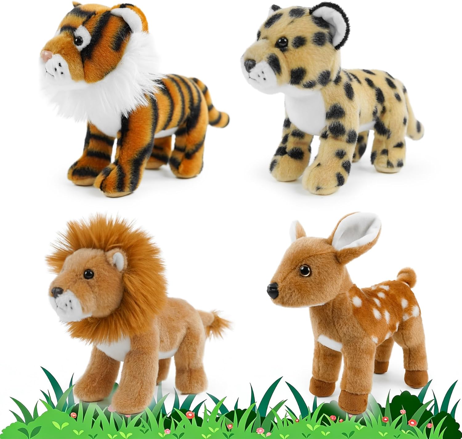 4 Pack Stuffed Forest Animals Bulk - Cute Soft 8'' Plush Jungle Toys for Kids, Including Lion, Leopard, Tiger & Sika Deer Set, Ideal for Birthday Favors, Safari Themed Decor & Toddler Gifts