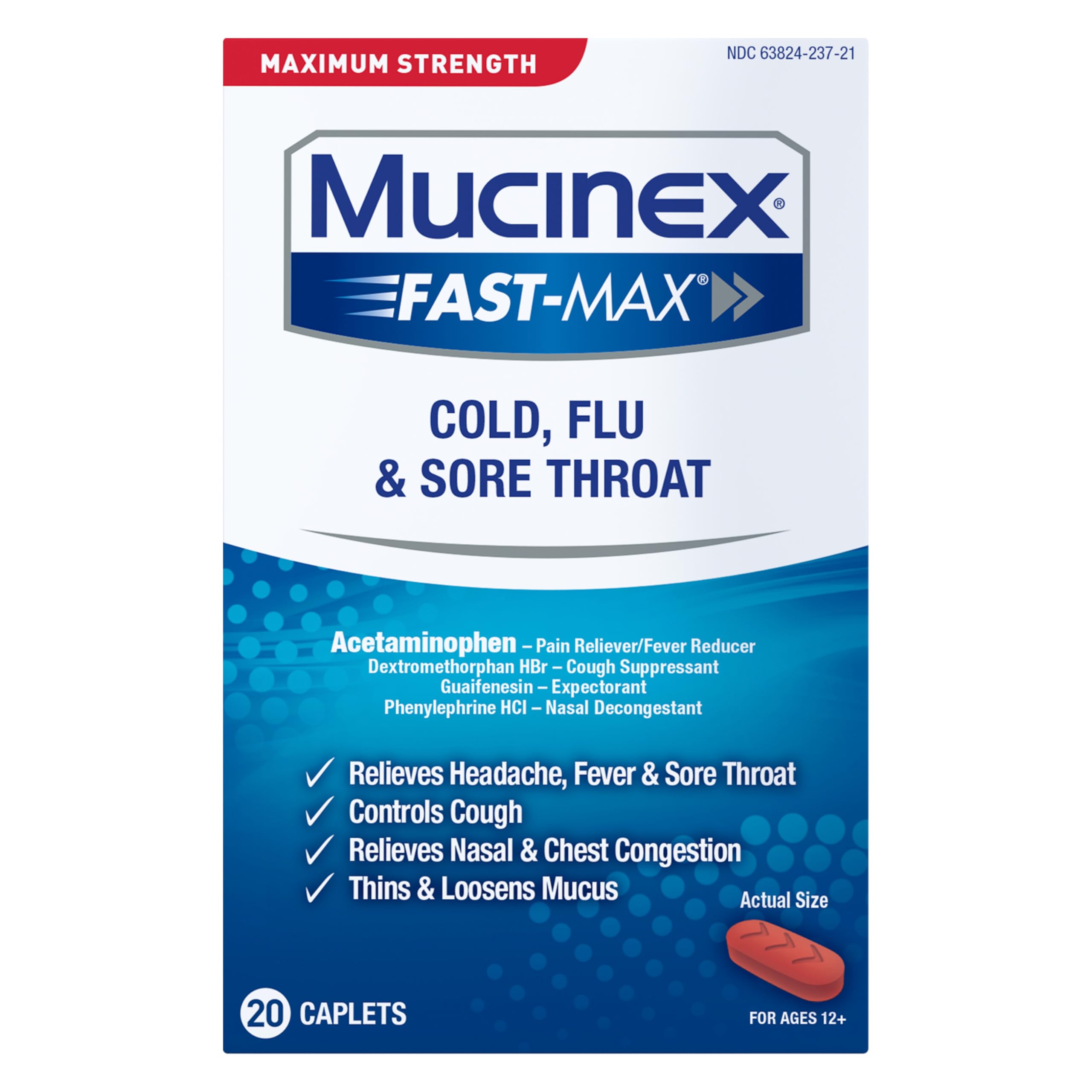 Mucinex Fast-Max Cold, Flu, & Sore Throat Caplets, 20 Count
