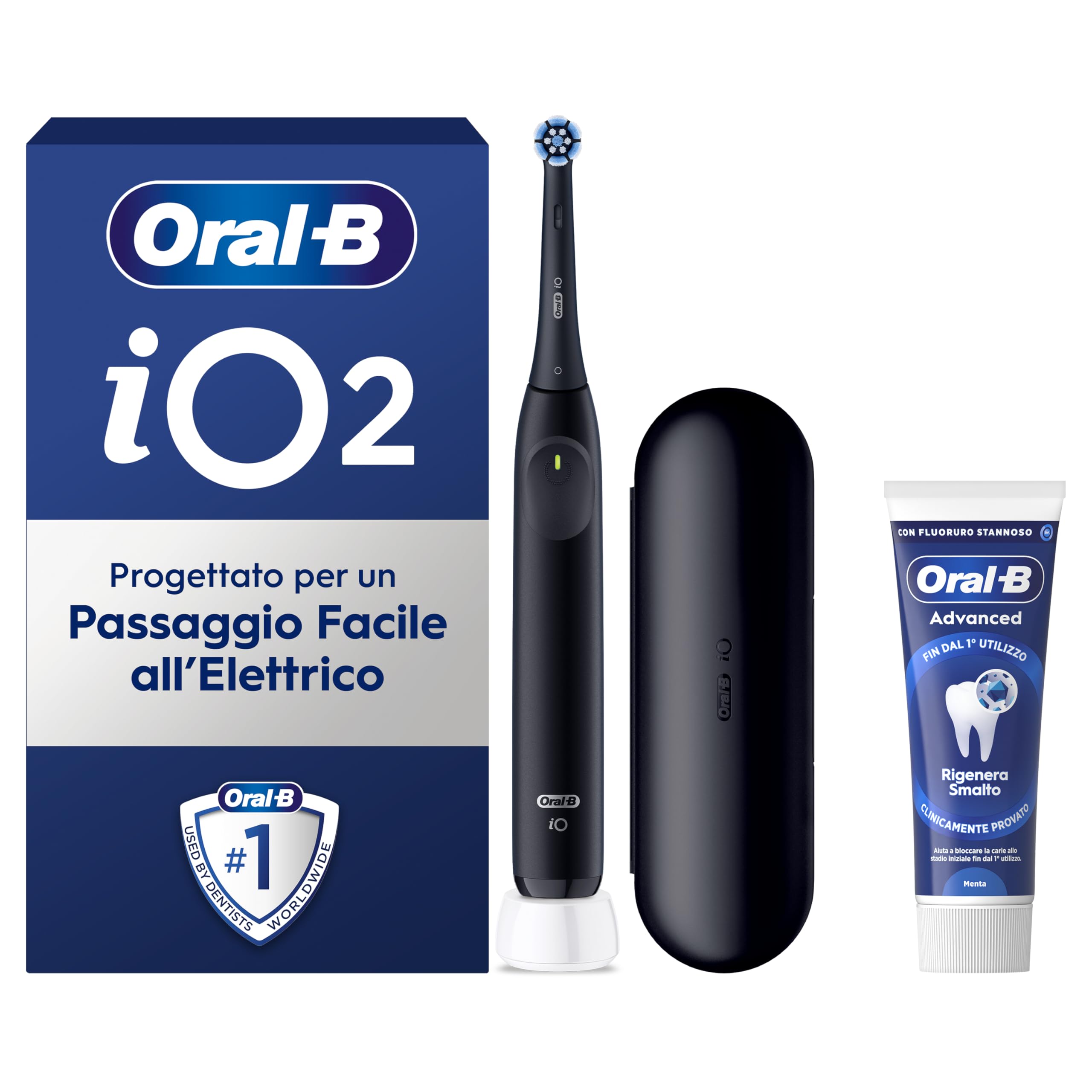 Oral-B iO 2 Black Electric Toothbrush, 1 Replacement Head for Electric Toothbrush, Charger, Travel Case + 1 Oral B Advanced Toothpaste Regenerates Enamel, Effective Teeth Cleaning