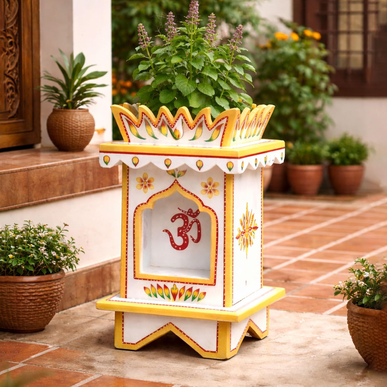 Marble Tulsi Pot with Lotus-Shaped Top for Pooja Room, Mandir, and Home Temple | 15 Inch & 18 inch Premium Marble Design with OM Engraving | Traditional and Elegant Decoration (15 INCH)-image-14