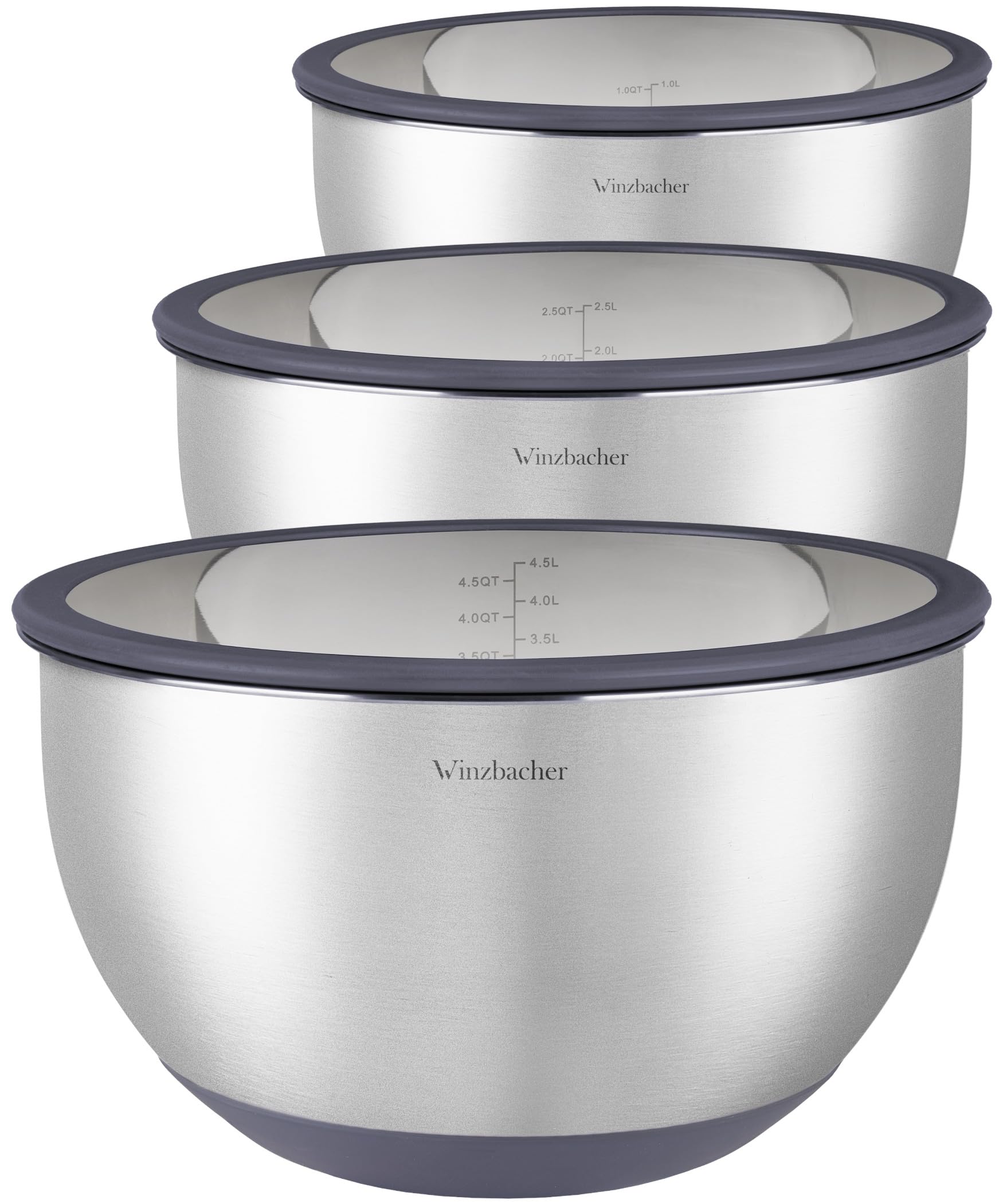 Winzbacher Edelstahl Schüssel mit GLAS-Deckel [3er Set] 1l + 2.5l + 4.5l | Rührschüssel, Salatschüssel, Schüsselset, | rutschfest | stapelbar | Spülmaschinenfest