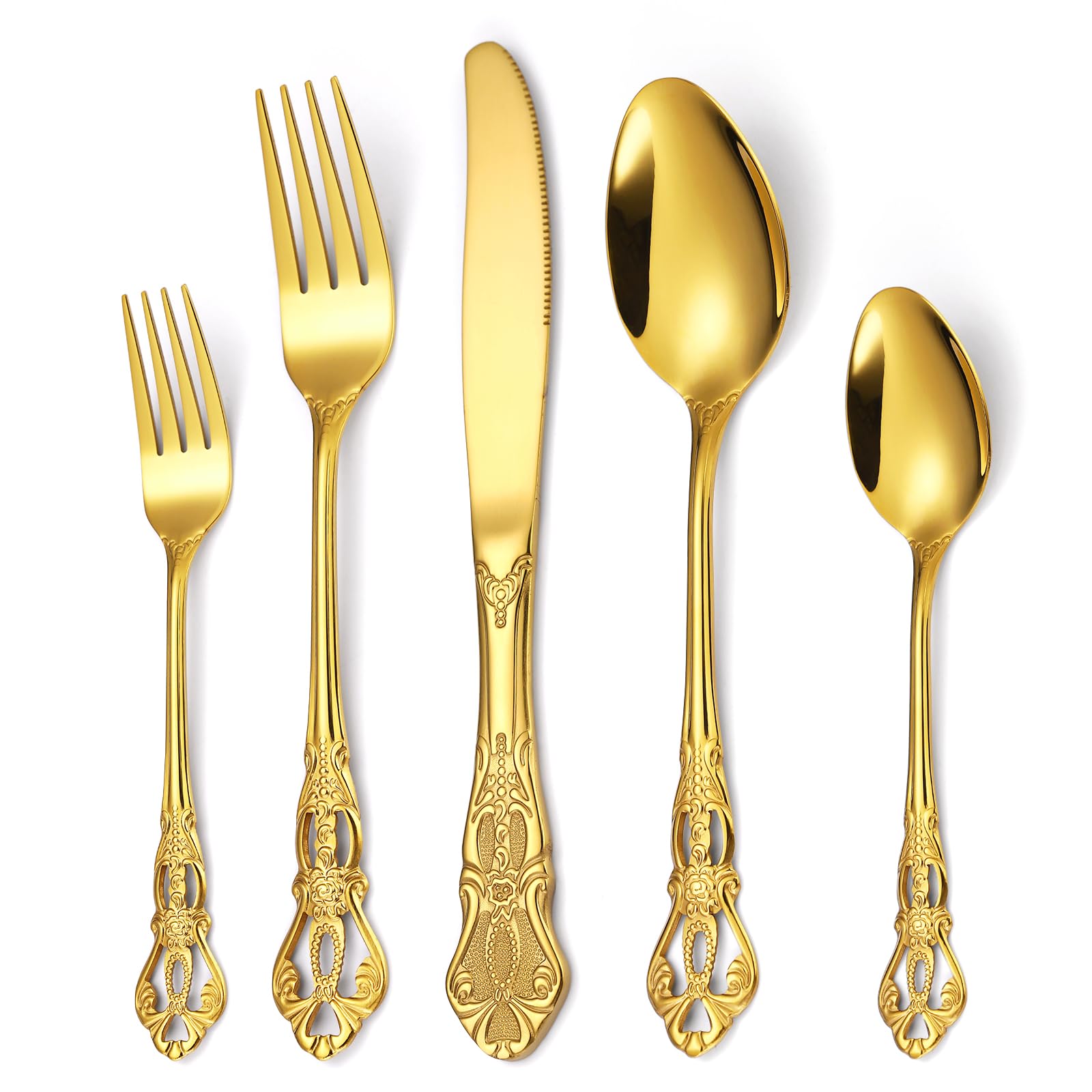 Gold Silverware Set Gorgeous Retro Royal 40 Pieces Flatware Set for 8, 18/0 Stainless Steel Mirror Flatware Cutlery Set, Include Forks Spoons and Knives set, Antique Baroque Dishwasher Safe
