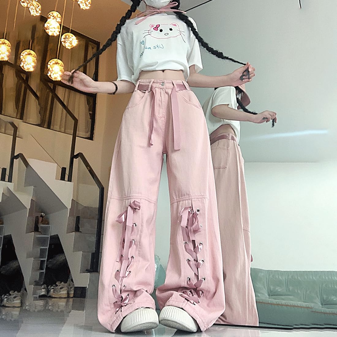 Harajuku Y2K Kawaii Gothic Vintage Casual Style High Waisted Straight Wide Leg Ribbons Trim Pink Denim Pants: Pink Medium