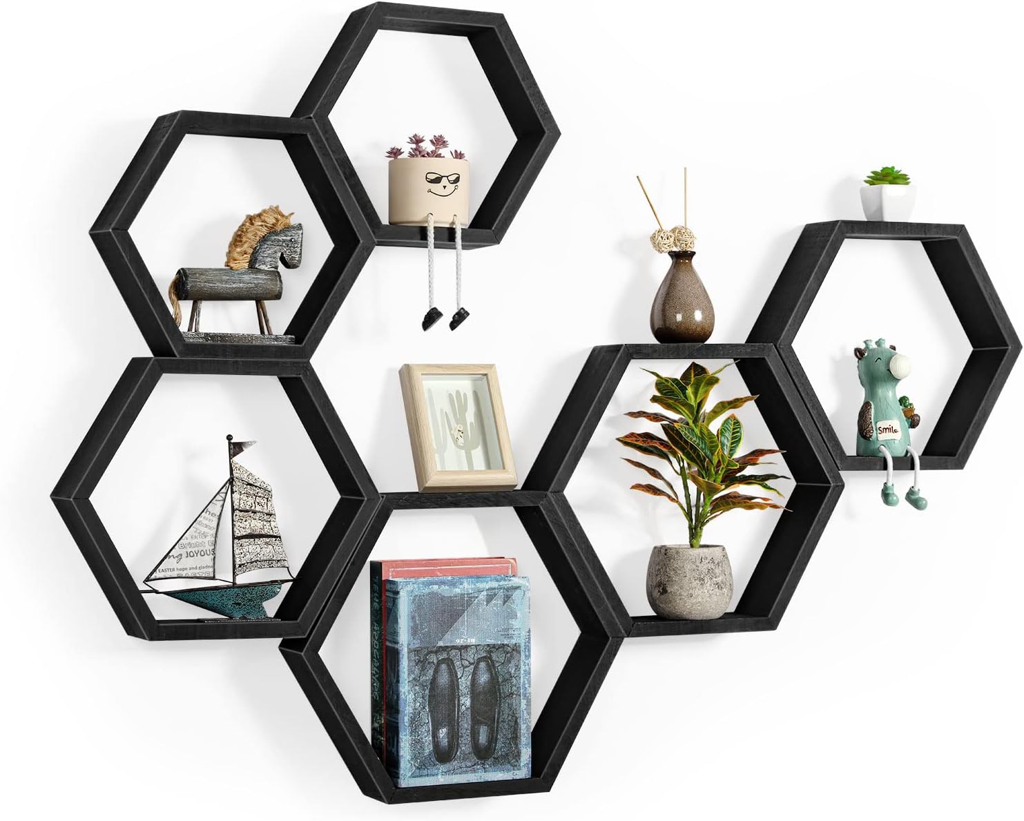 YBING 6PCS Black Wood Hexagonal Floating Shelves, Rustic Style, Wall Mount, Set of 6, Home Decor, Storage