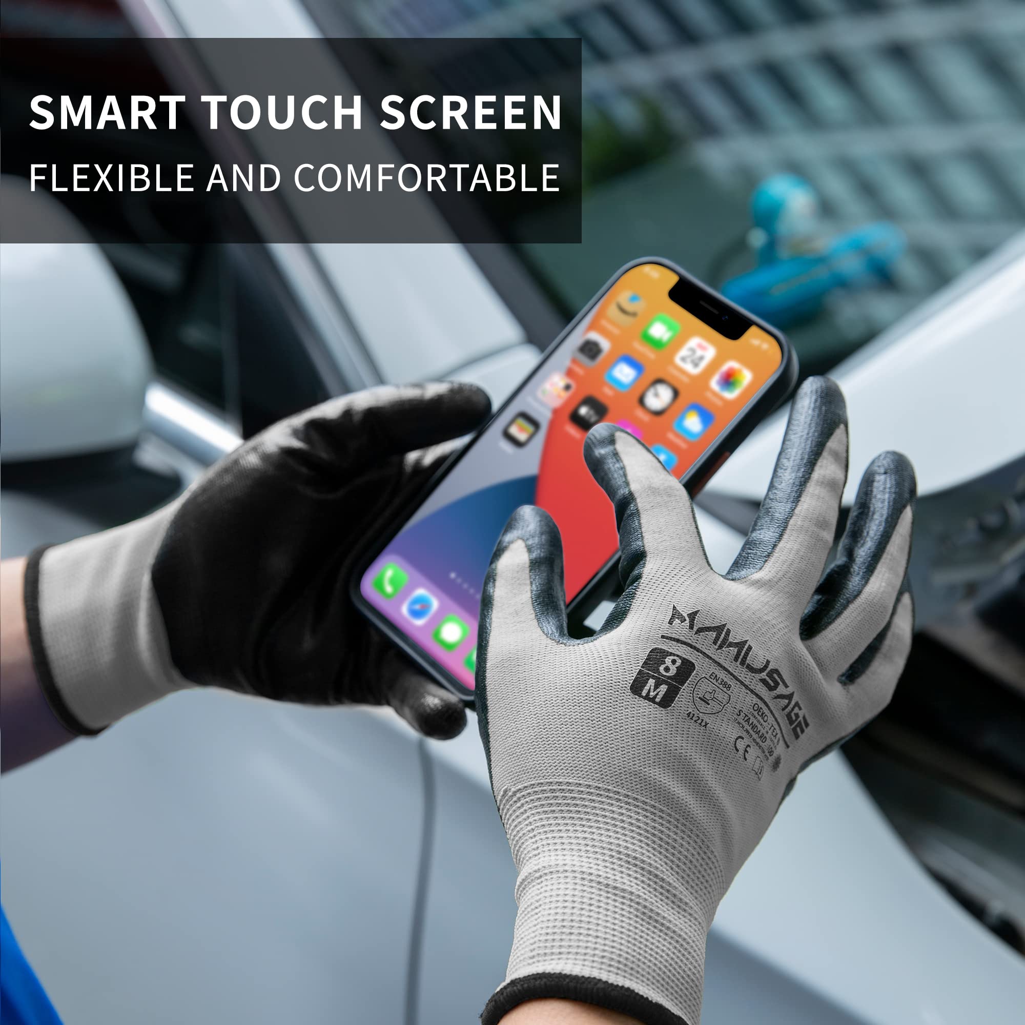 Manusage Nitril-Arbeitshandschuhe, 3D-Komfort-Stretch-Passform, leistungsstarker Griff, Touchscreen, strapazierfähiger Schaumstoff beschichtet, flexibel, leicht, maschinenwaschbar, Größe L, Grau, 6