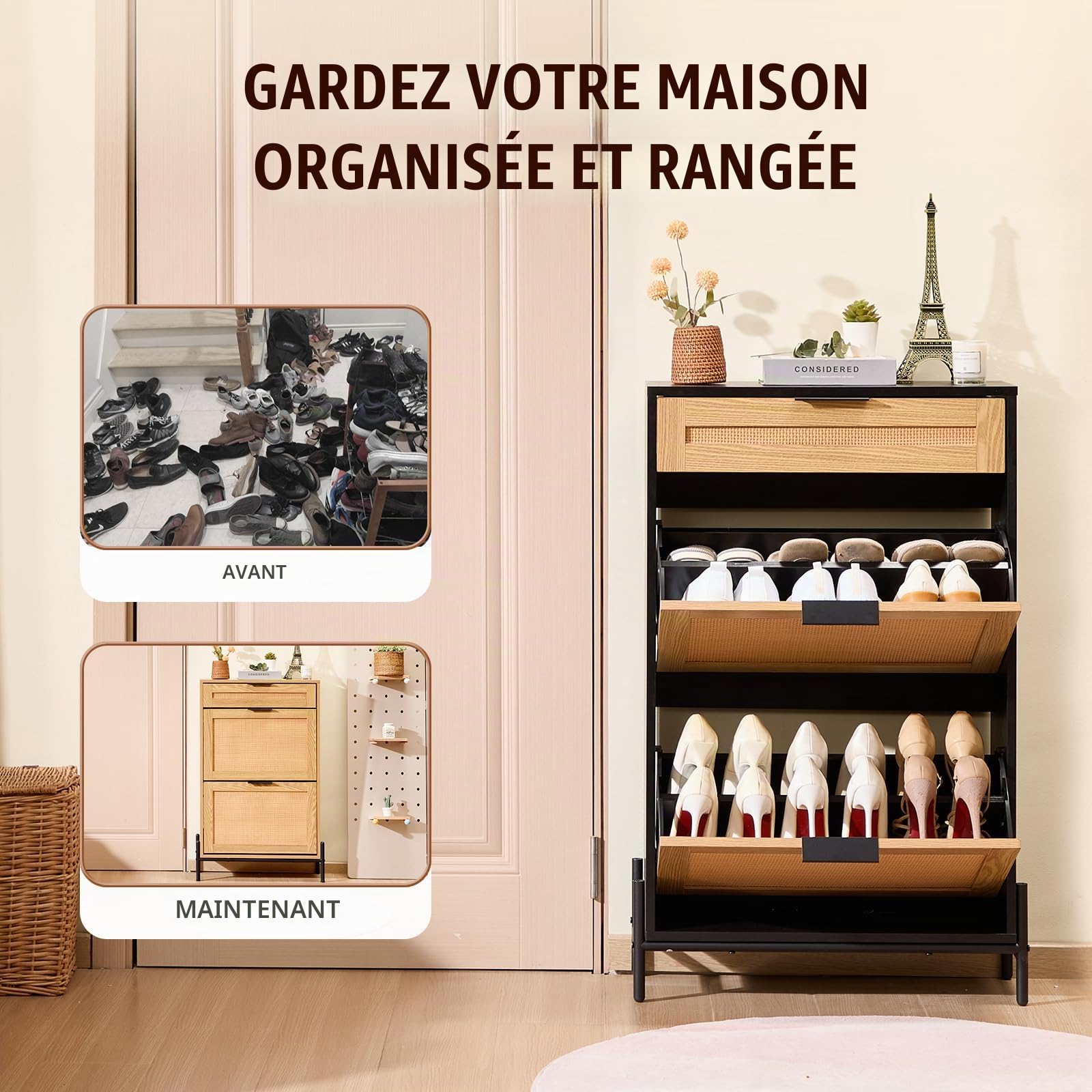 VEVOR Meuble de Rangement à Chaussures en Rotin, Armoire à Chaussures avec 2 Abattants et 1 Tiroir Coulissant, Range-Chaussures Minces avec Pieds en Métal, Meuble d'Entrée et de Couloir, Noir