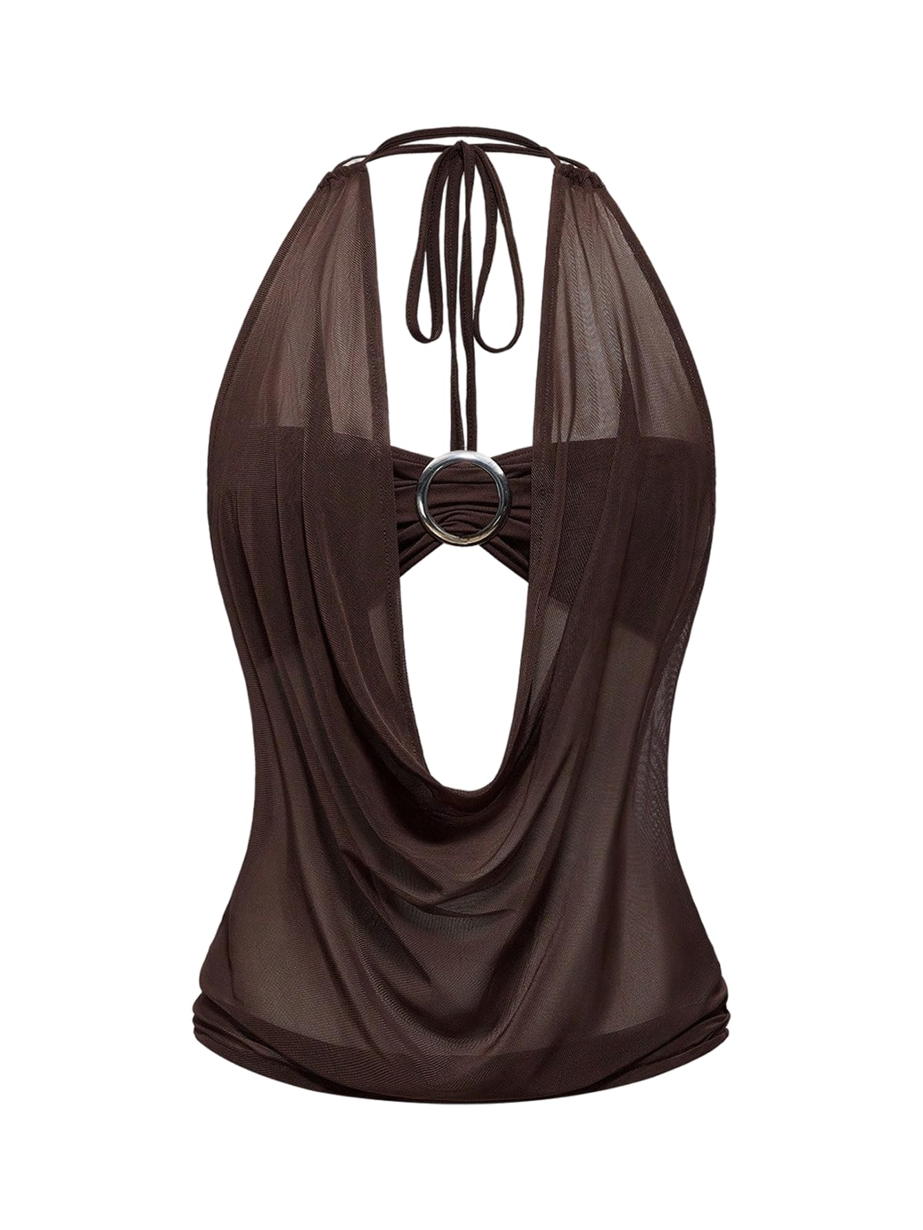 Photo 1 of SweatyRocks Women's Sheer Mesh Draped Club Halter Tops Y2K Sexy Rave Going Out Top 2 Piece Outfits Brown Large