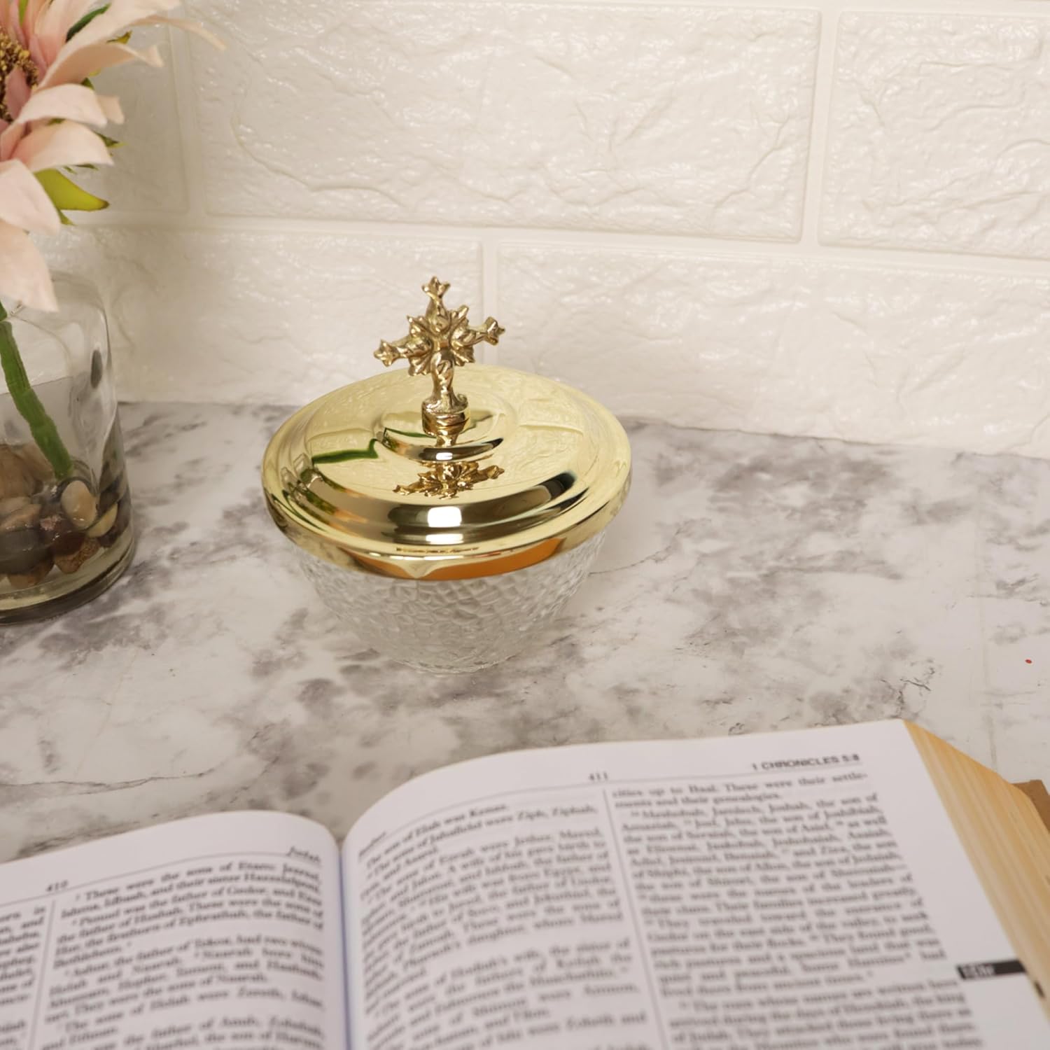 Needzo Ablution Glass Cup with Solid Brass Lid, Catholic Church Supplies, 4.3 x 3.75 Inches