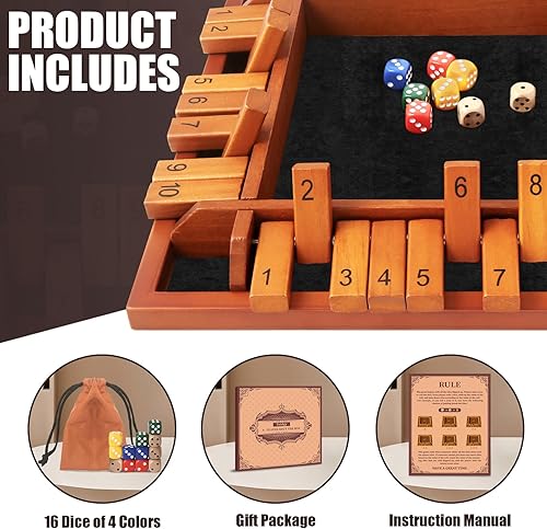Miniatura 2 de Toidgy Juego de dados Shut The Box para 1 a 4 jugadores, mesa de madera con 12 dados e instrucciones, juego de mesa clásicos para adultos y niños,