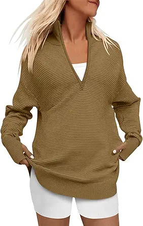 ANRABESS Women's 2023 Fall Long Sleeve Half Zip V Neck Collared Casual Oversized Ribbed Knit Pullover Sweater Thumb Hole