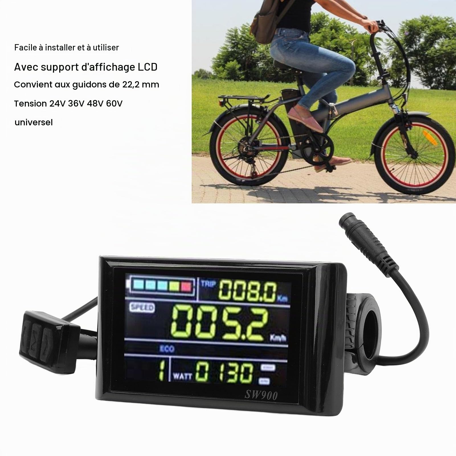 Yunir Affichage LCD à Vélo électrique, 24V 36V 48V 60V Panneau de Commande D'écran LCD à Vélo électrique, Compteur D'affichage LCD Scooter 6P Proof 6P, pour Les Vélos électriques de