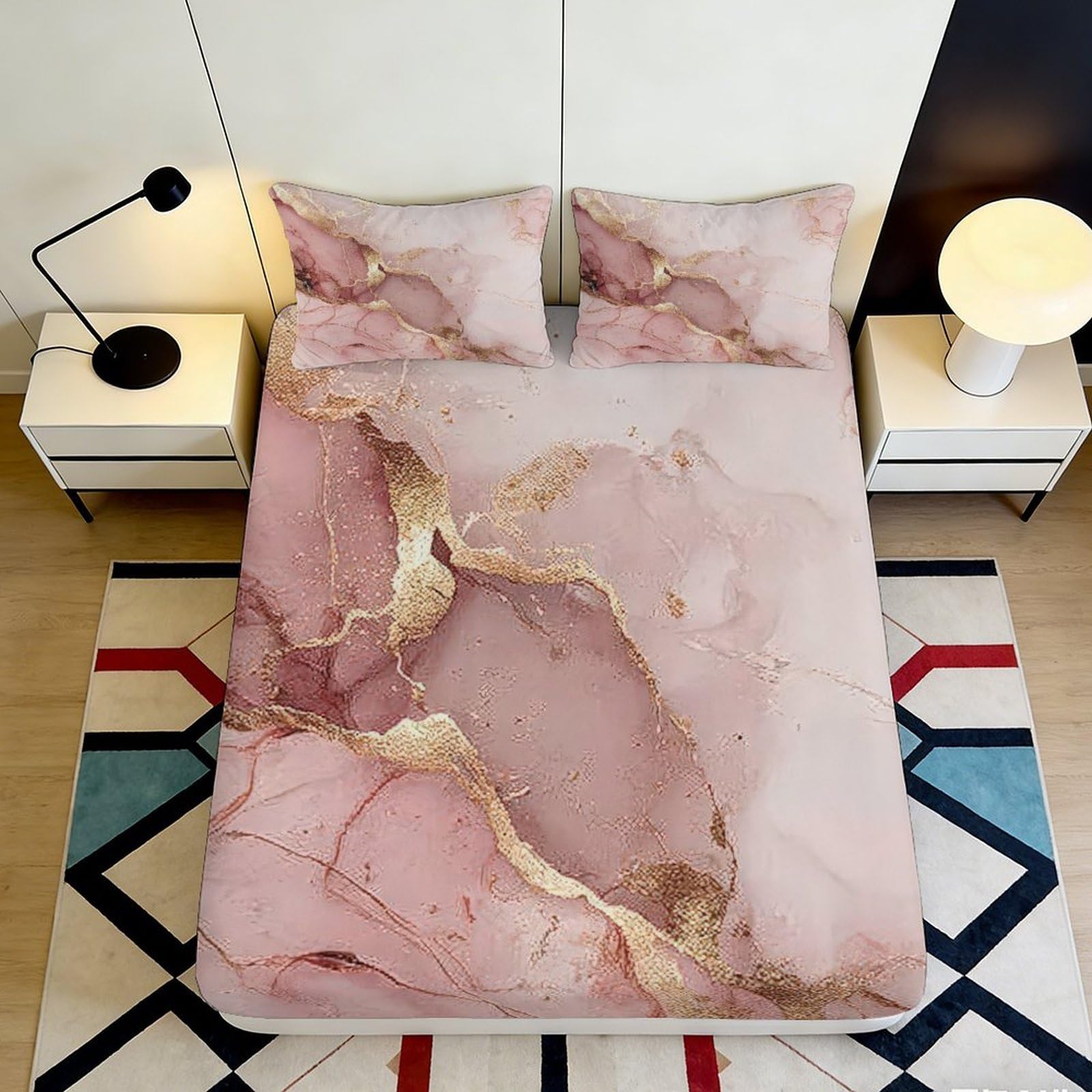 3D Printed Pink Marble Fitted Sheet Microfiber Non Slip Bed Cover Gold Vein Pattern for Bedroom Guestroom Décor 90x200x25cm