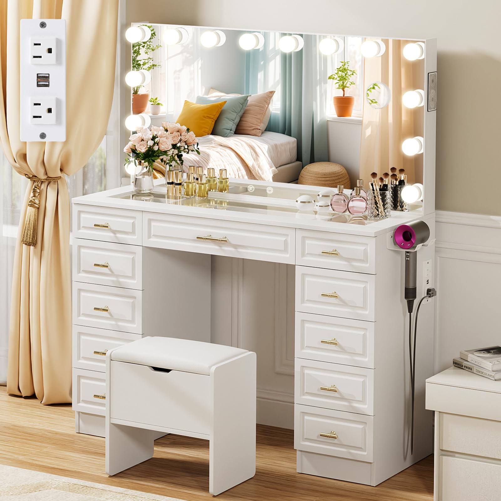 Condition photo showing New/Like New for Latitude Run  Vanity with Lighted Mirror - Glass Top Makeup Vanity Desk w/Bluetooth Speaker, 14 Lights and 11 Drawers, 3 Color Lighting Modes Adjustable Brightness, Makeup Desk with Outlet for Bedroom, White