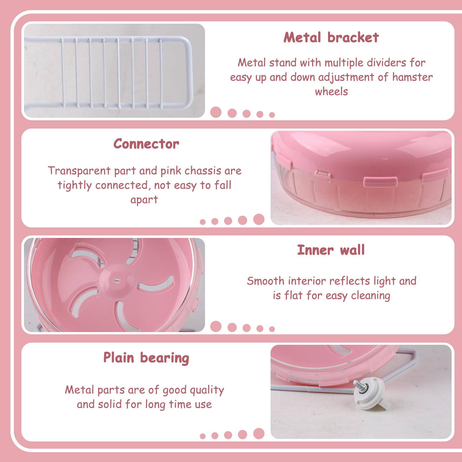 Pink 8.4" Silent Hamster Wheel with Height-Adjustable Stand, Quiet Spinning Hamster Exercise Wheels, Small Animal Chinchilla Running Toys Cage Accessories for Gerbils Mice Rats (Pink) - image 5