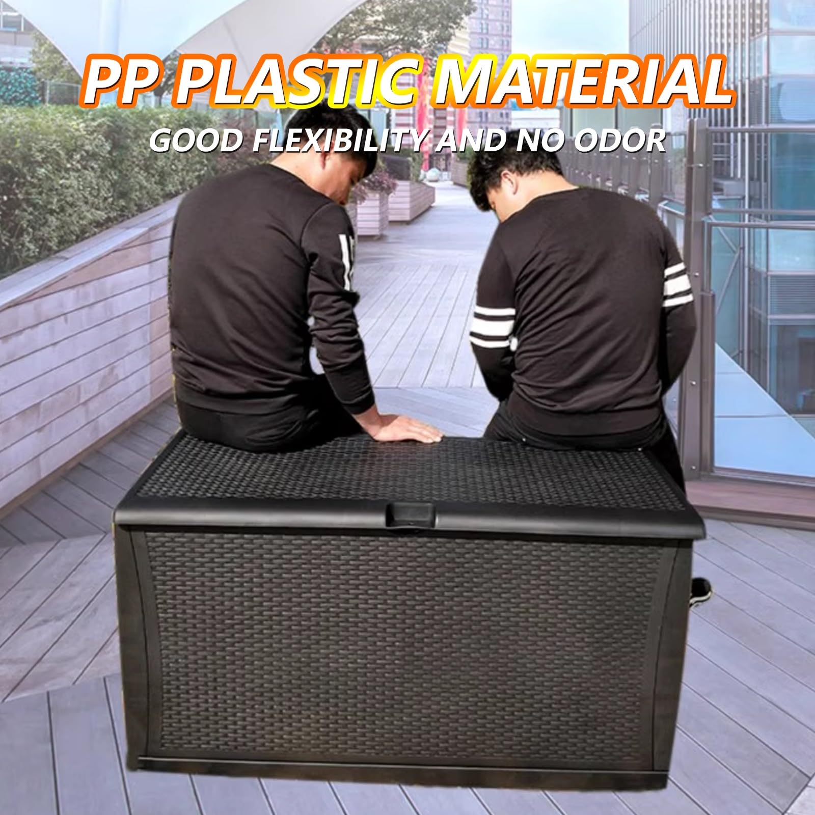 Boîte de rangement d'extérieur avec tige hydraulique, plastique PP étanche, finition grain de bois, grande capacité, verrouillable pour jardin, garage, abri de jardin
