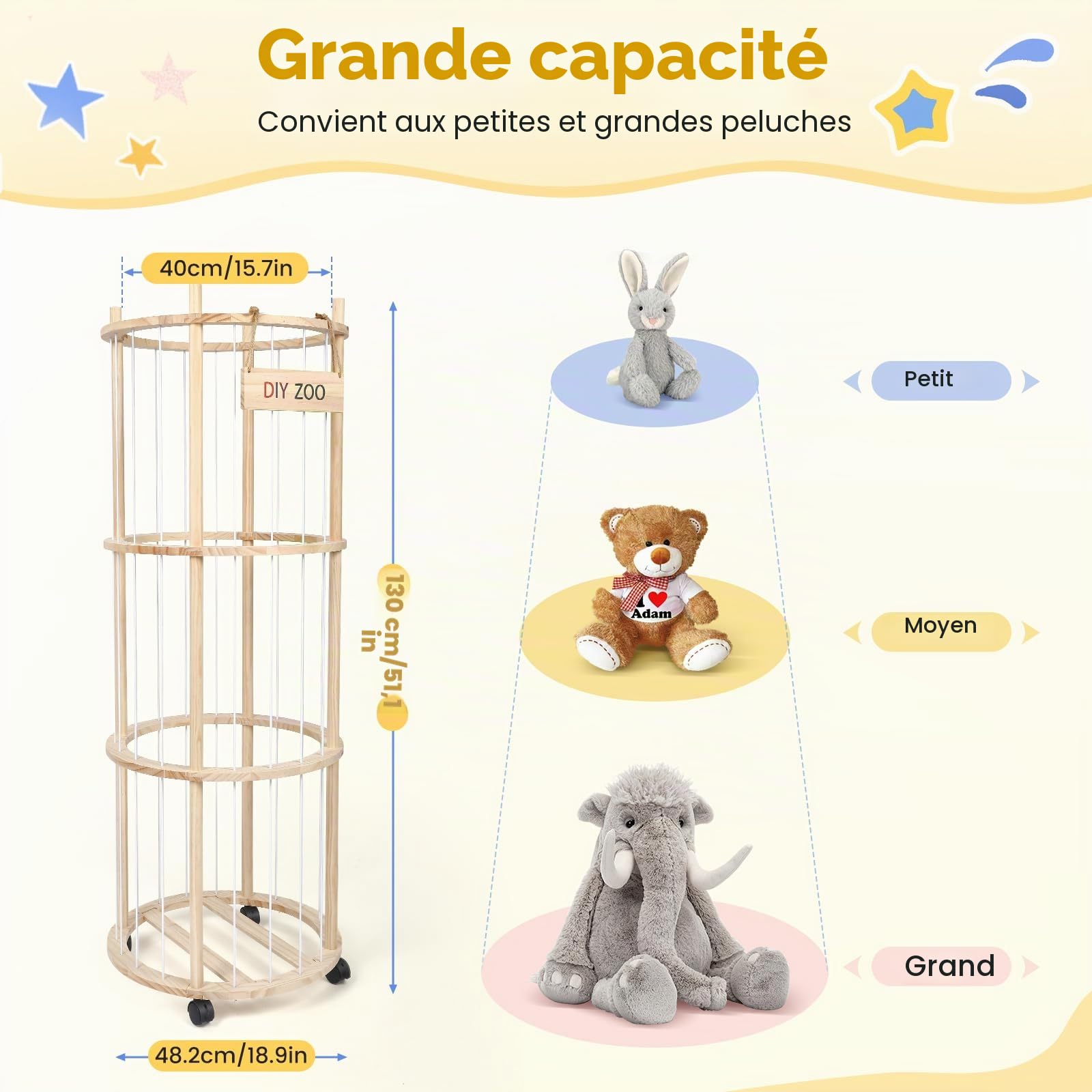 Rangement pour peluches, avec frein à 360°, roues équipées de freins à 360°, 130 x 48,2 x 30 cm, pour chambre d'enfant, salle de jeux, salon, etc. (rond)