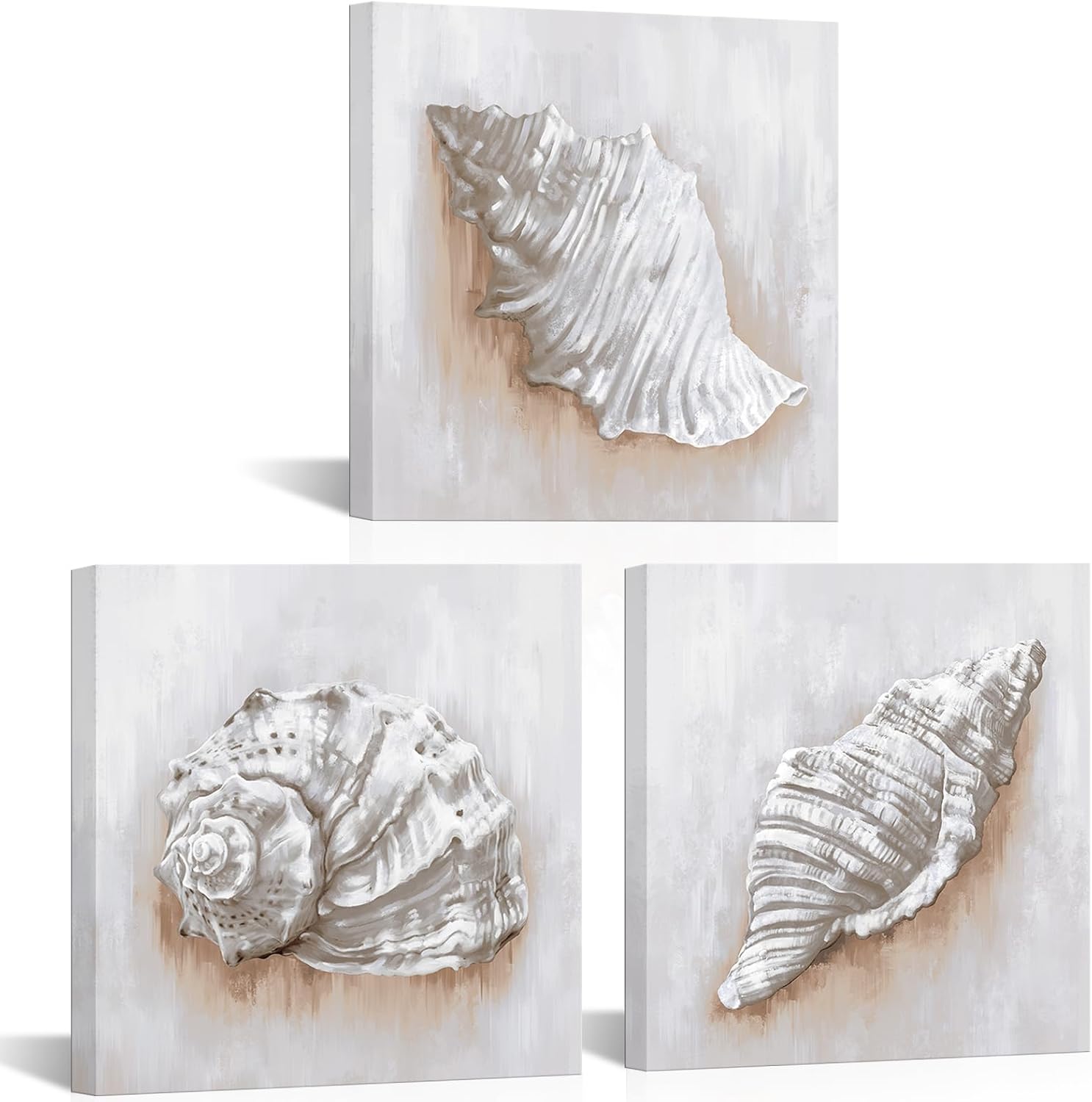 LevvArts White Seashells Canvas Wall Art Ocean Conch Shell Pictures Painting Modern Coastal Nautical Artwork White and Beige Bathroom Decor (Beige)