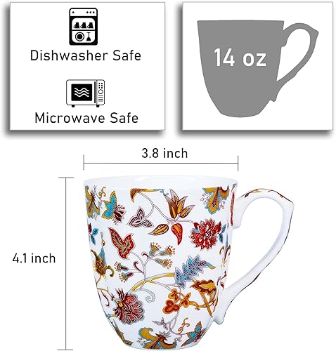 Miniatura 2 de Taza de café floral de porcelana de hueso de 14 onzas con asa, elegante taza de café, té, regalos de cumpleaños de Navidad para mujeres, hombres,