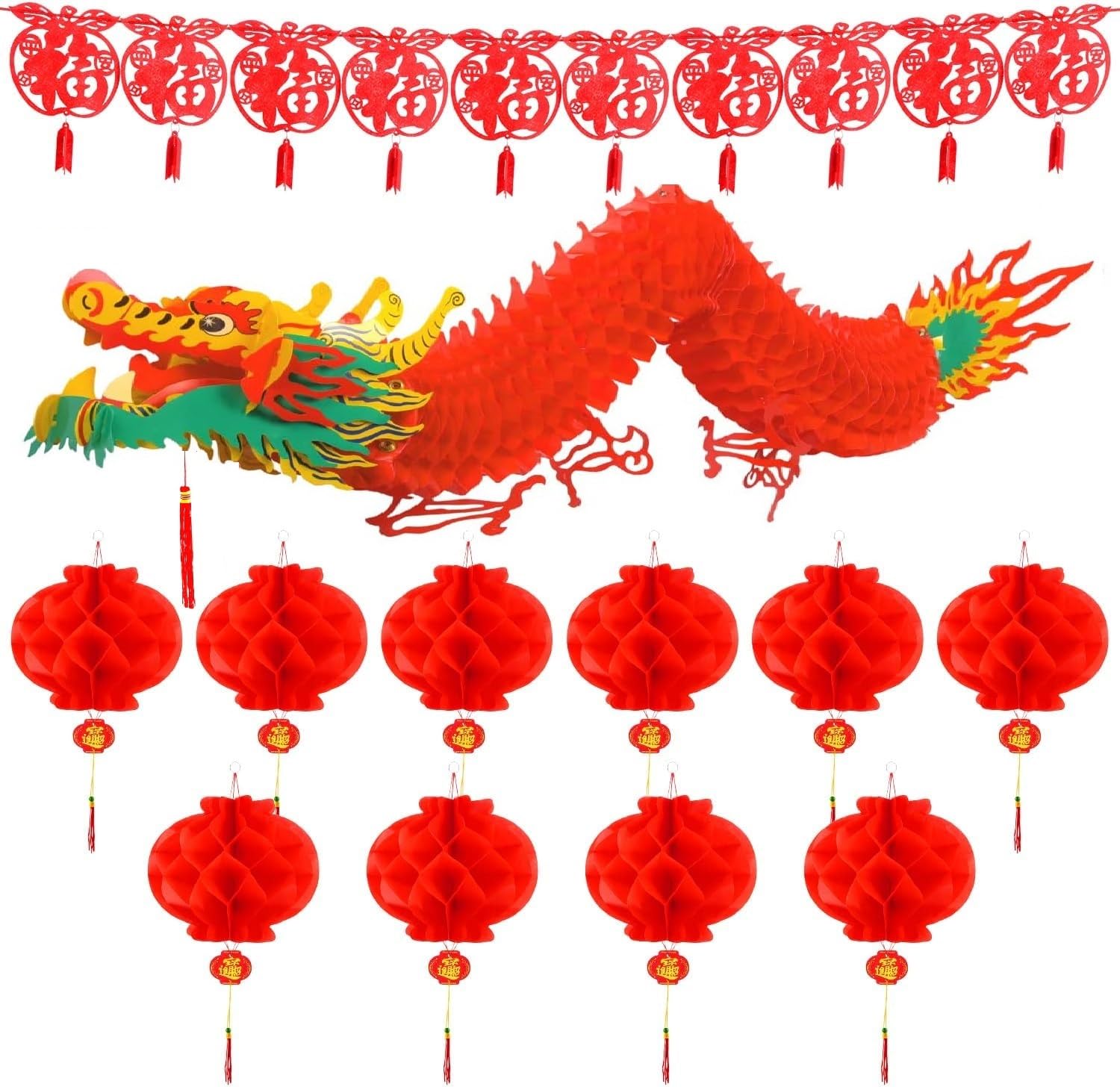 TUPARKA Lot de 12 décorations du Nouvel An chinois : guirlande de dragons, lanternes en papier rouge, guirlande à suspendre pour le Nouvel An lunaire chinois
