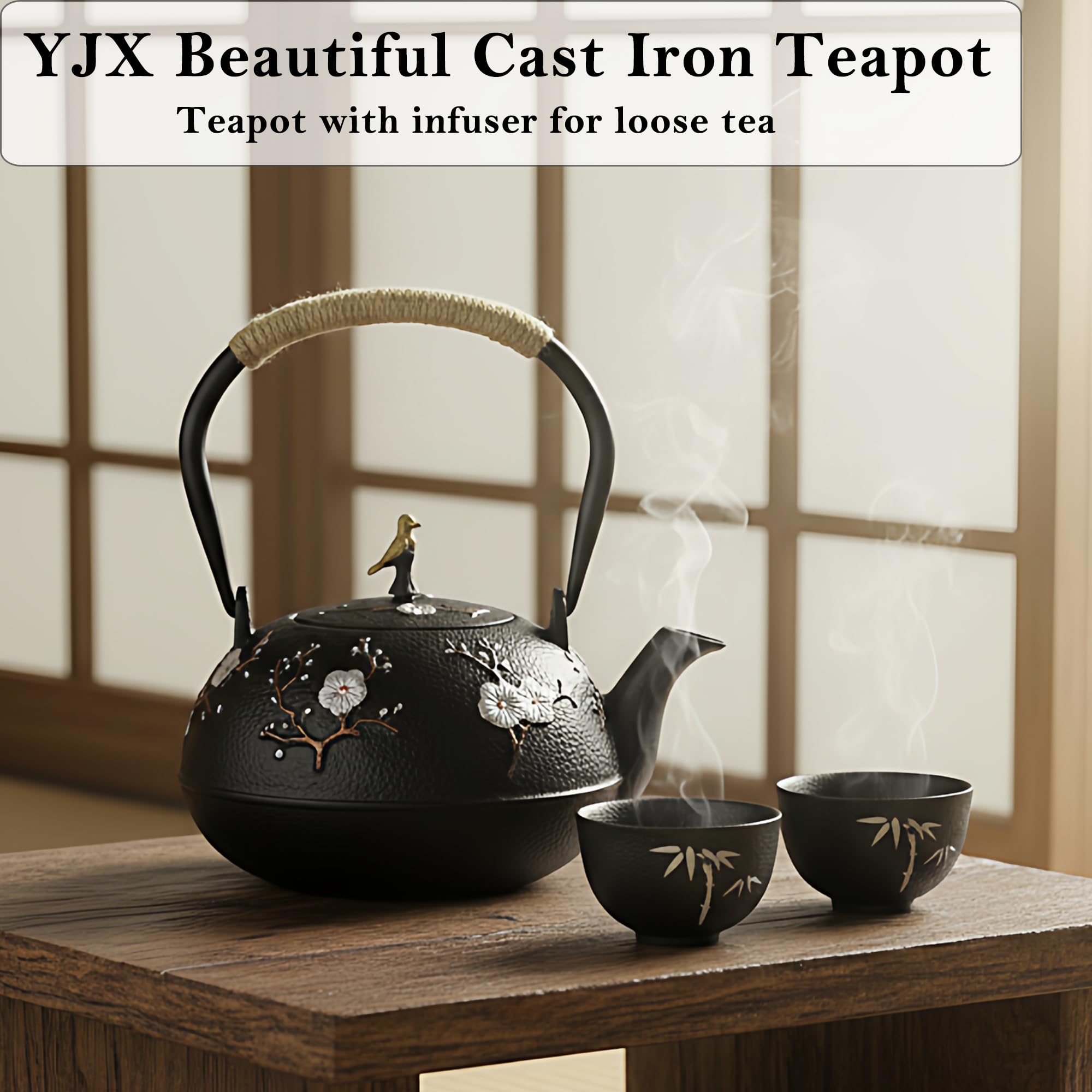 Teekanne aus Gusseisen, japanischer Stil, Tetubin, Teekessel mit herausnehmbarem Edelstahl-Ei für Herdplatte, Teekanne aus Emaille, blaues Eisen, für Kaffee, Teebeutel, Pflaumenblüten, 1200 ml