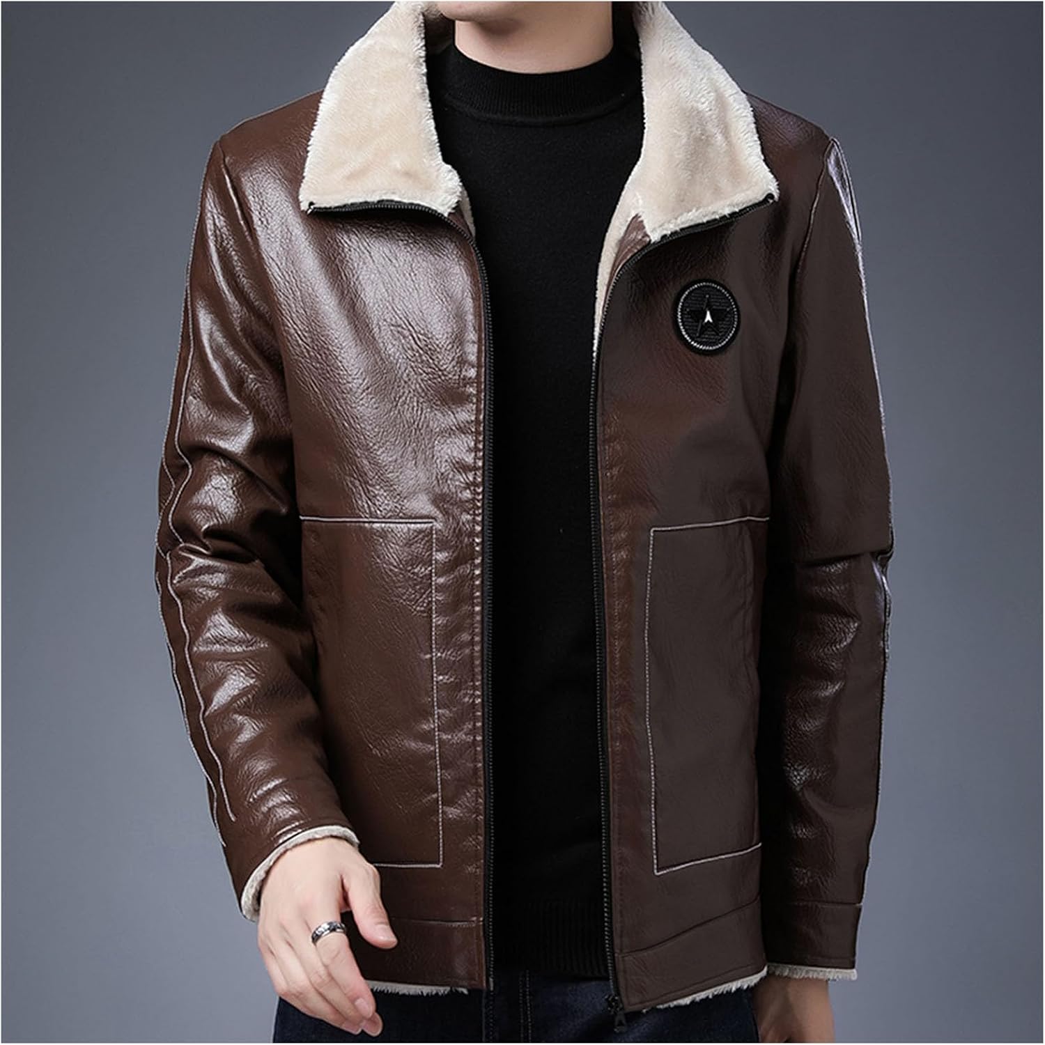 Men's Faux Leather Sherpa Lined Jacket Trucker Jackets Biker Coats Full Zip Fleece Fuzzy Motorcycle PU Winter Jacket