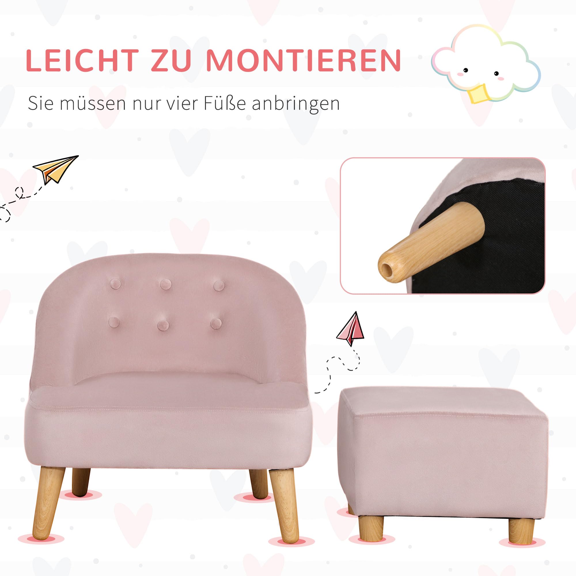 HOMCOM Krzesło dziecięce Sofa dziecięca z podnóżkiem Kanapa dziecięca od 3 lat Meble dziecięce Pokój dziecięcy Aksamitny wygląd Drewno eukaliptusowe Różowy 51 x 51 x 50 cm