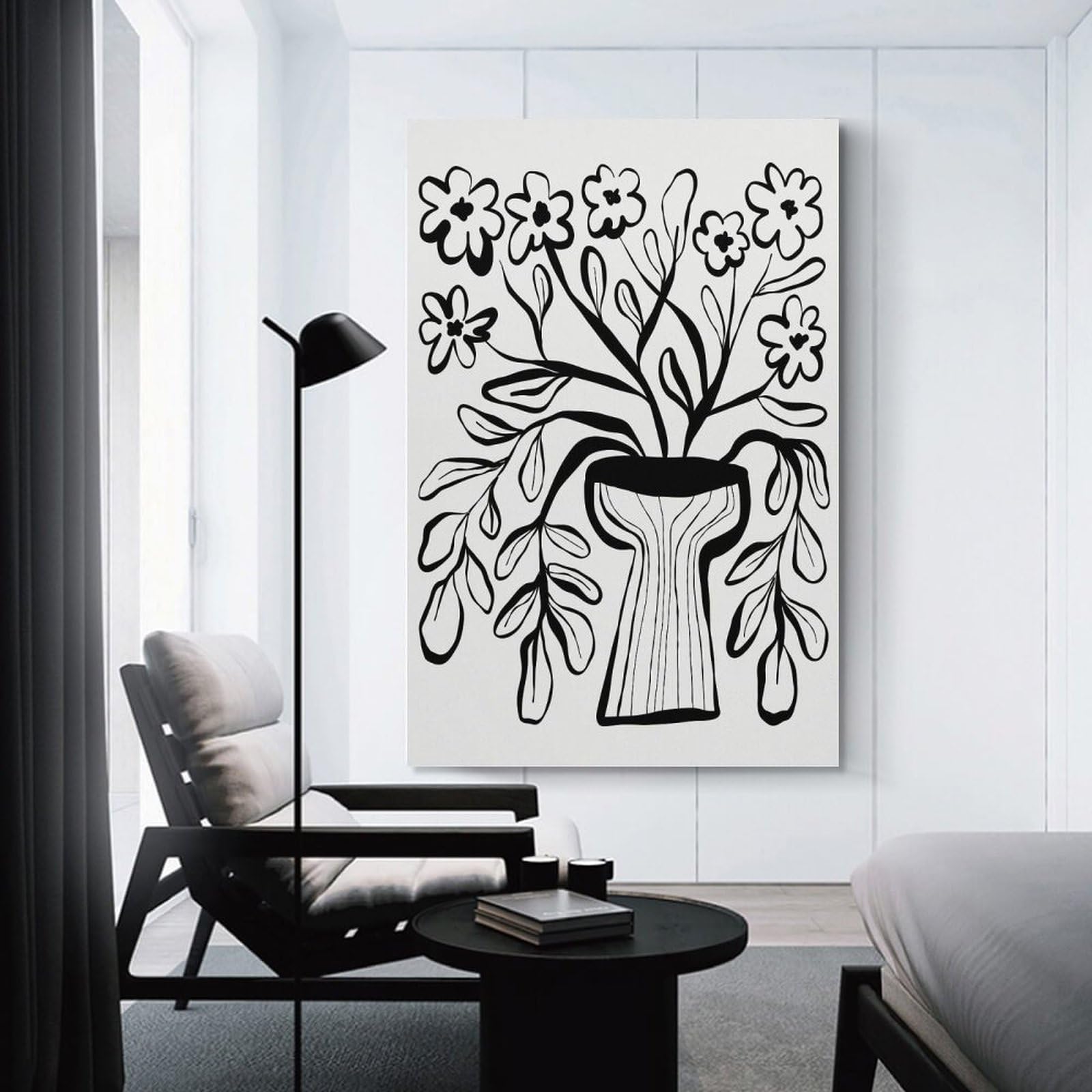 Junmoney Decorative Canvas Print Black And White Floral Vase Illustration, 16x24inch(40x60cm), for Home Office, Desk Area Or Studio, Home Office Artwork with Decorative Appeal