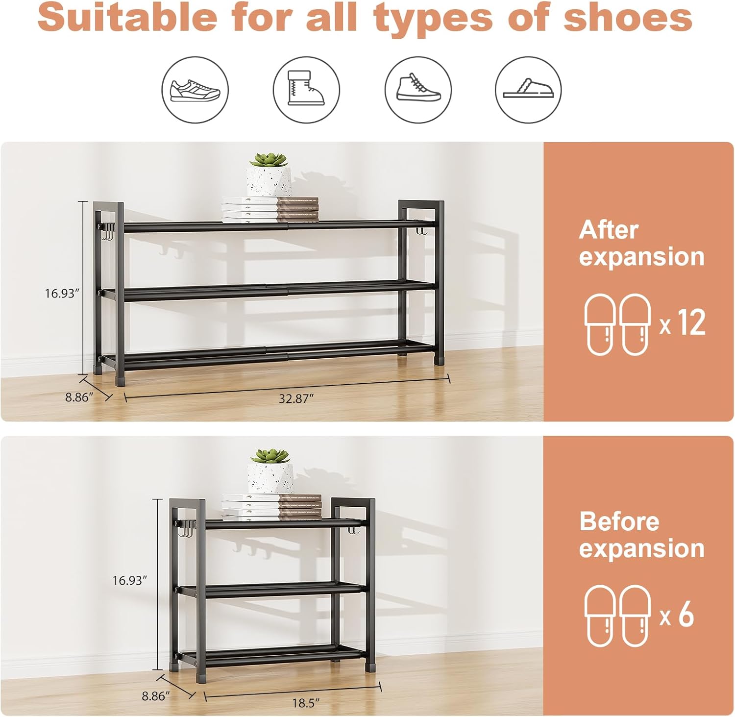 LANTEFUL Adjustable 18"-33" Expandable Shoe Rack for Closet 12 Pairs Small Spaces 3 Tier Shoe Organizer with 5 Hooks Metal Shoe Shelf for Entryway, Bedroom
